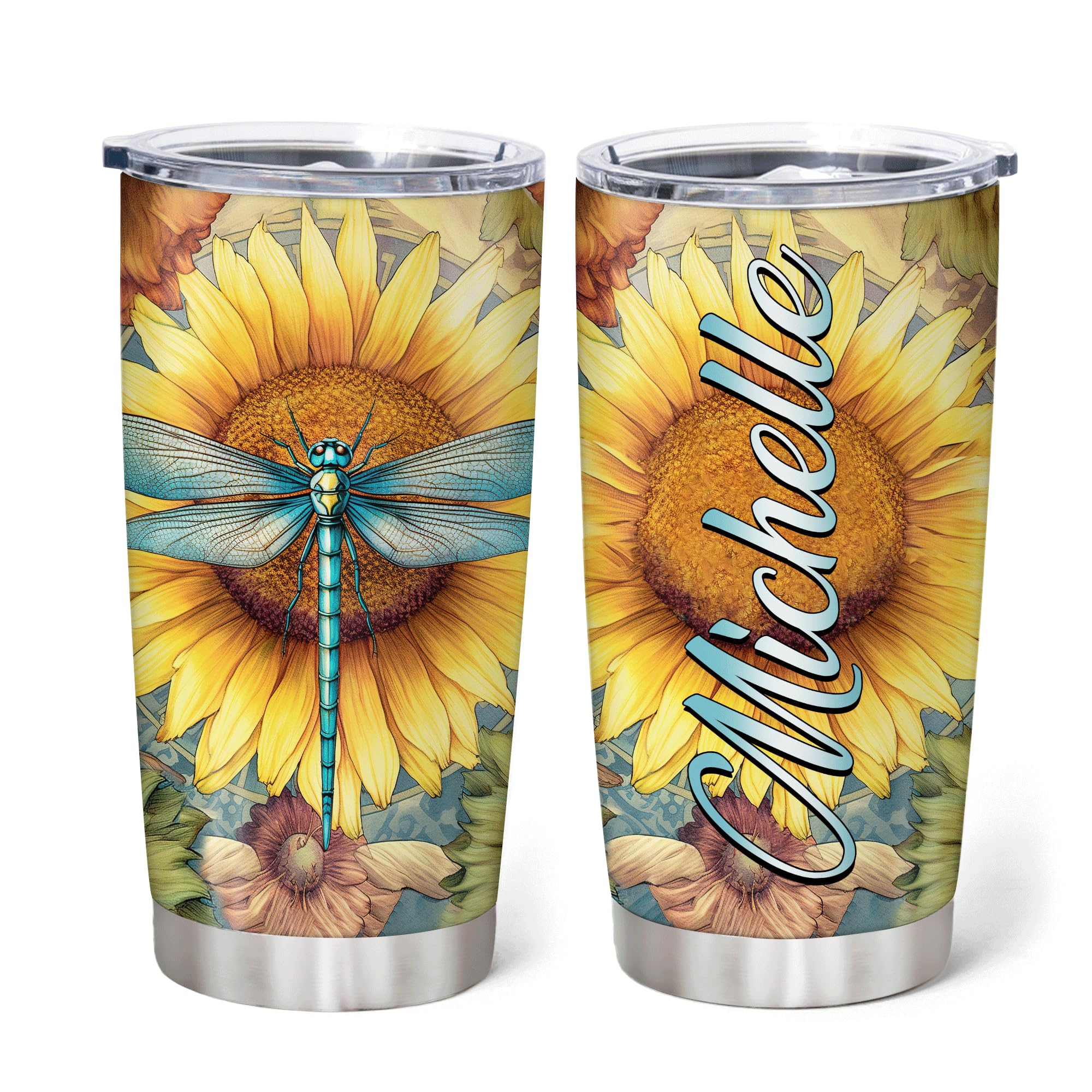Personalized Dragonfly Stainless Steel Tumbler 20oz with Lid - Floral Custom Name Tumbler Cup - Unique Birthday Christmas Gifts for Women, Girls & Kids - Perfect for Office, Travel & Outdoor Activities