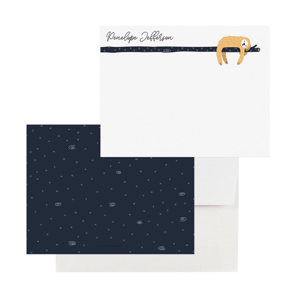 Custom Sloth Note Cards with Envelopes - Personalized Sloth Stationery Set for Girls - Thank You Cards in Multiple Colors & Quantities - Perfect for Birthdays, Thank You Notes & Gifts
