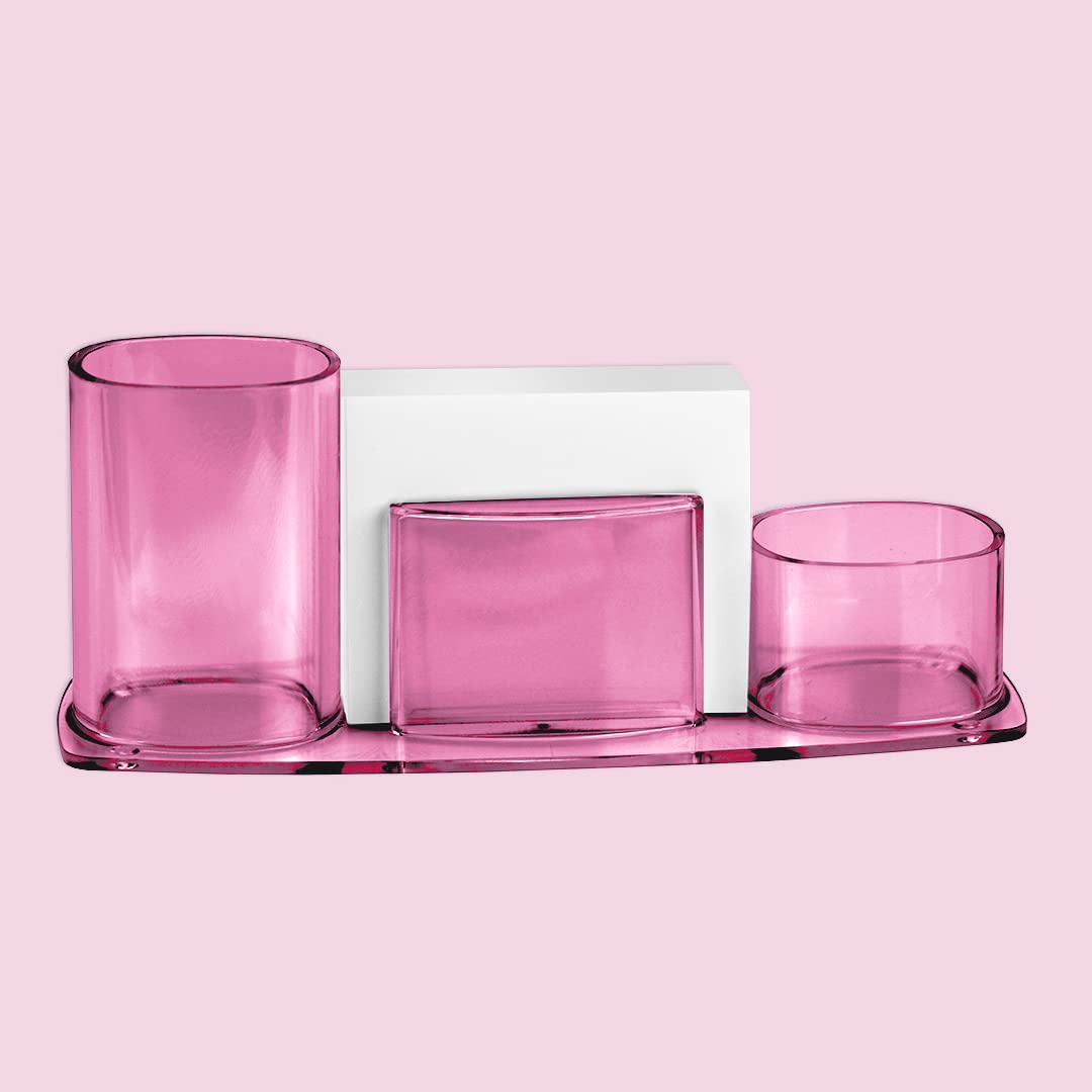 Acrimet Millennium Clear Pink Plastic Desktop Organizer - Pen, Pencil, Clip & Paper Holder with Included Paper - Perfect for Office, School & Home Desk Organization