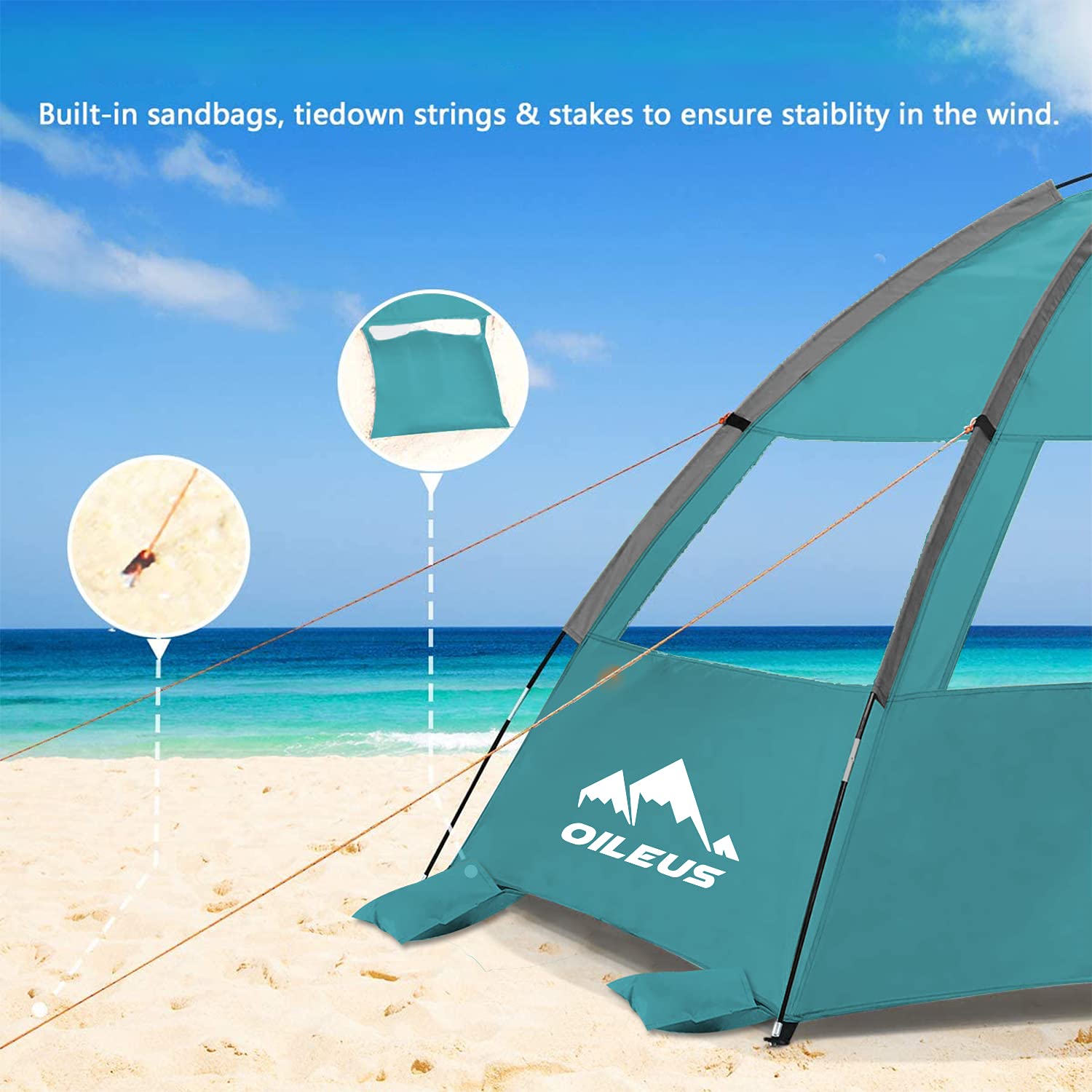**Oileus 2-3 Person Beach Tent – Portable Sun Shelter with UV Protection, Ventilated Floor & Roll-Up Windows – Includes Carrying Bag, Stakes & Sand Pockets – Perfect for Fishing, Hiking, Camping & Beach Outings – Light Green**