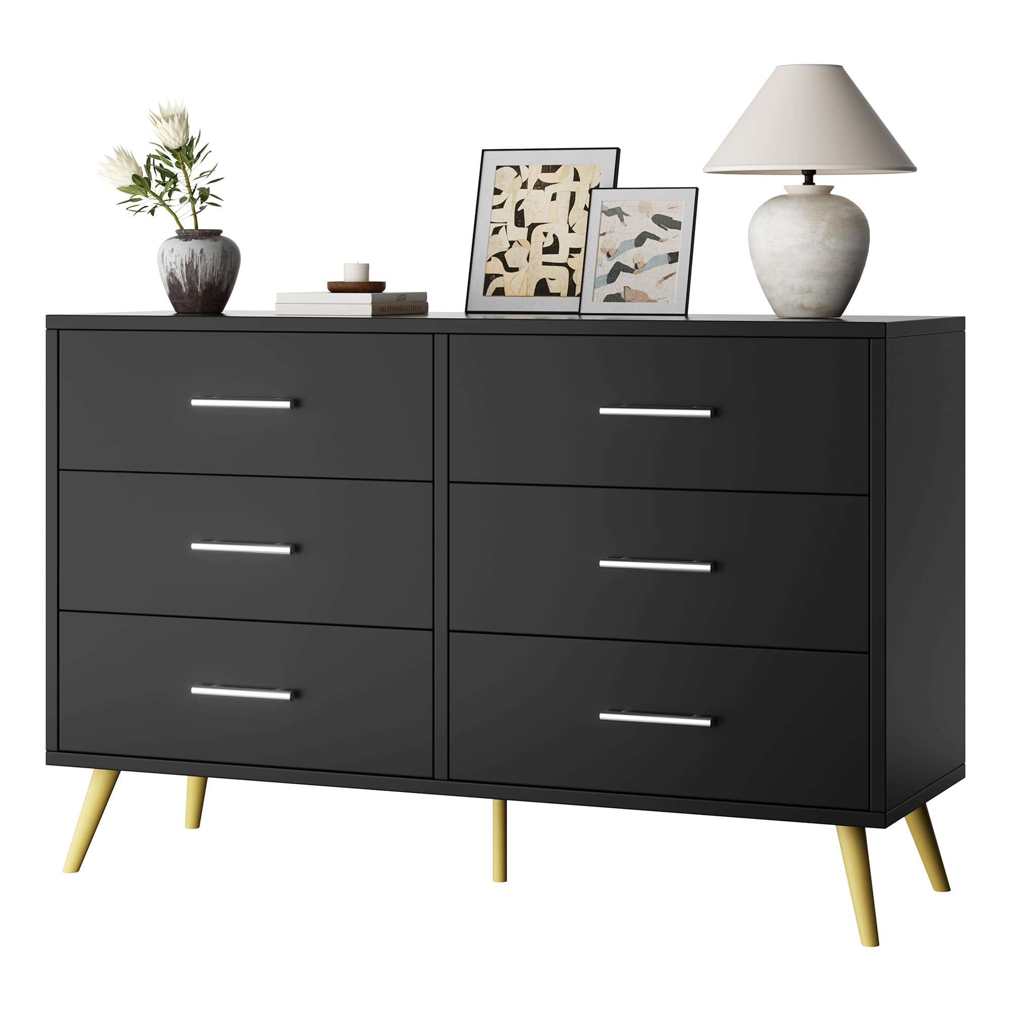 Shintenchi 6-Drawer Dresser - Modern Wide Chest of Drawers with Large Storage, Black Organizer Cabinet for Bedroom, Living Room & Porch | Perfect for Clothes, Toys & Home Organization
