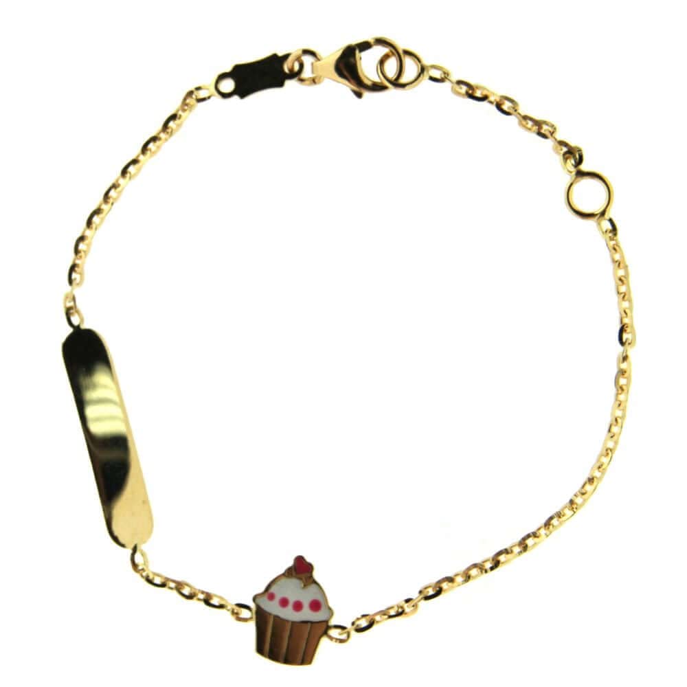 18K Solid Yellow Gold Enamel Cupcake ID Bracelet - 5.5 Inches Adjustable Charm Bracelet with Extra 4.75 Inch Ring - Perfect for Birthdays, Gifts & Everyday Wear