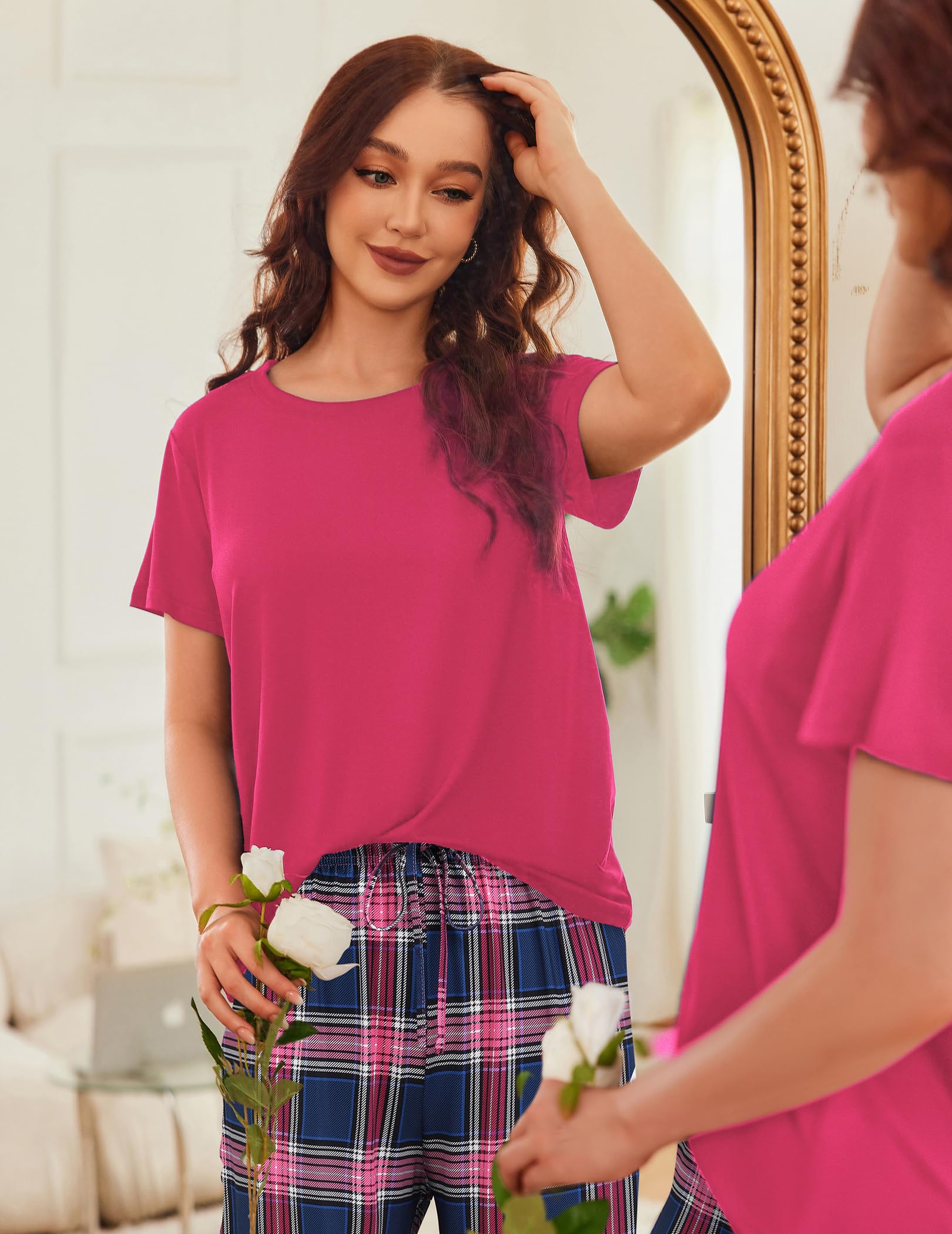 Ekouaer Women's 2-Pack Pajama Sets - Short Sleeve Sleepwear Top & Pants 4-Piece Lounge PJS with Pockets | Soft Cotton Nightwear for Home, Travel & Relaxation