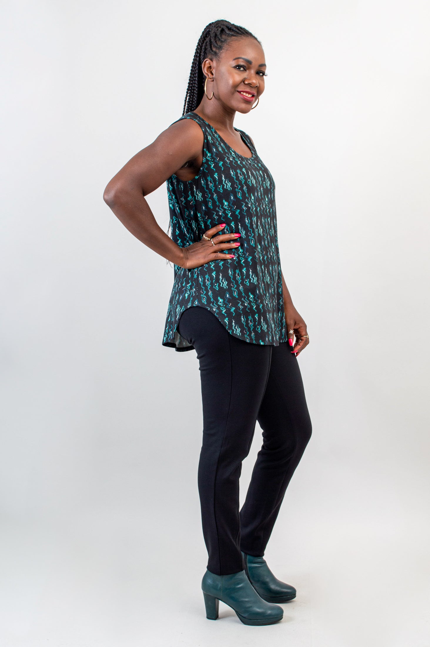 Jazz Tank Top - Teal Abstract Print Bamboo Fabric - Women's Casual Wear for Summer, Beach, and Music Festivals