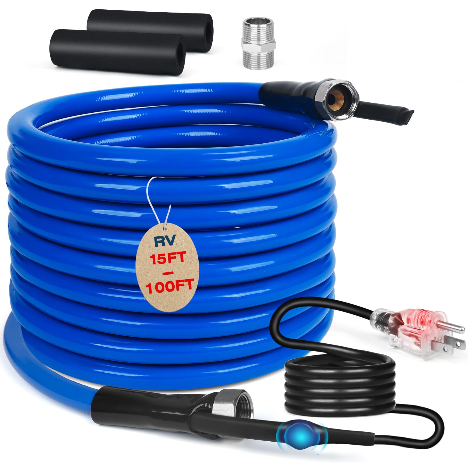 15FT Heated RV Water Hose with Thermostat - Lead & BPA Free, 1/2