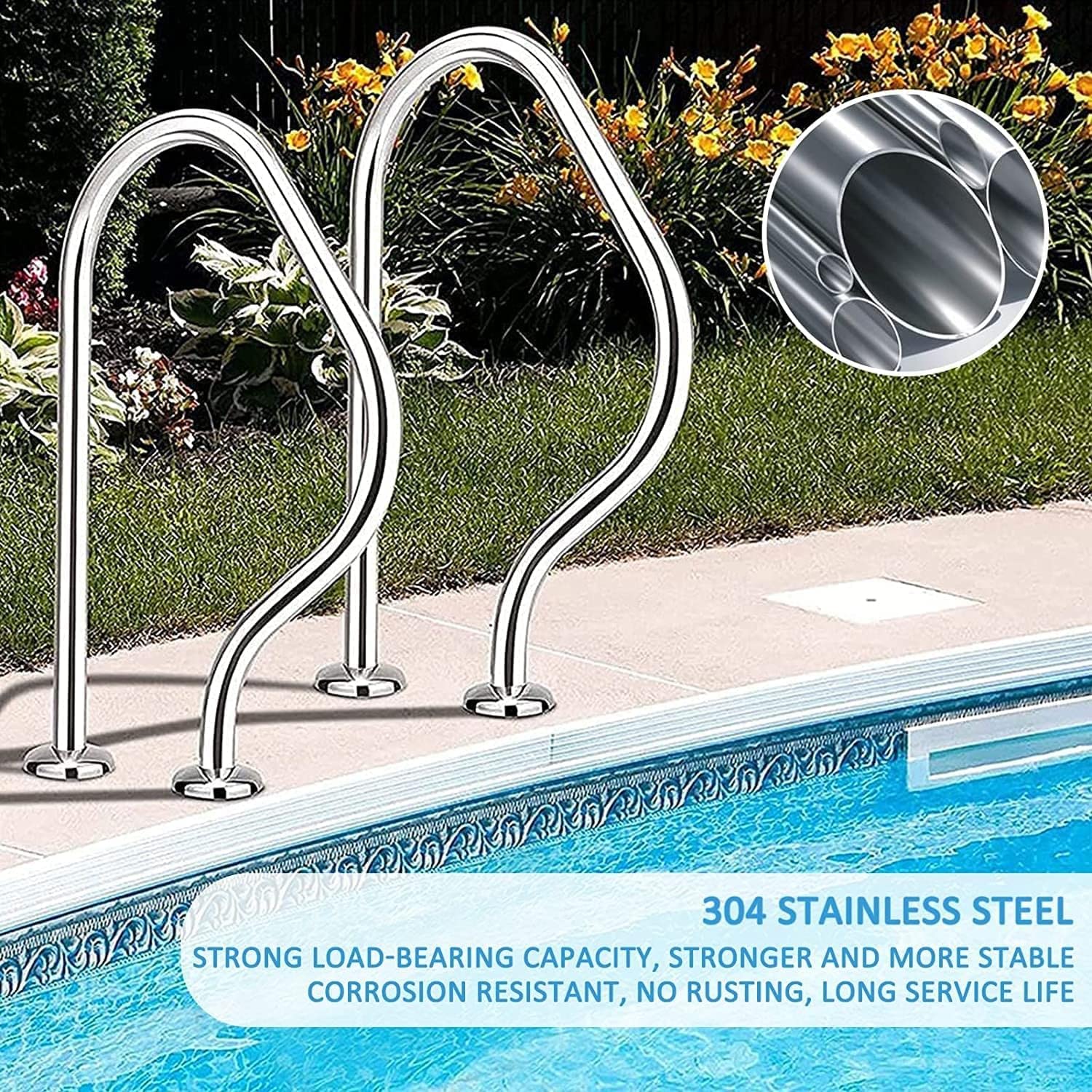 Pool Handrails Set of 1 - Stainless Steel Swimming Pool Railing for Inground Pools & Steps, 250kg Heavy-Duty Load Capacity - Ideal for Safety & Accessibility in Backyard, Residential & Commercial Pools