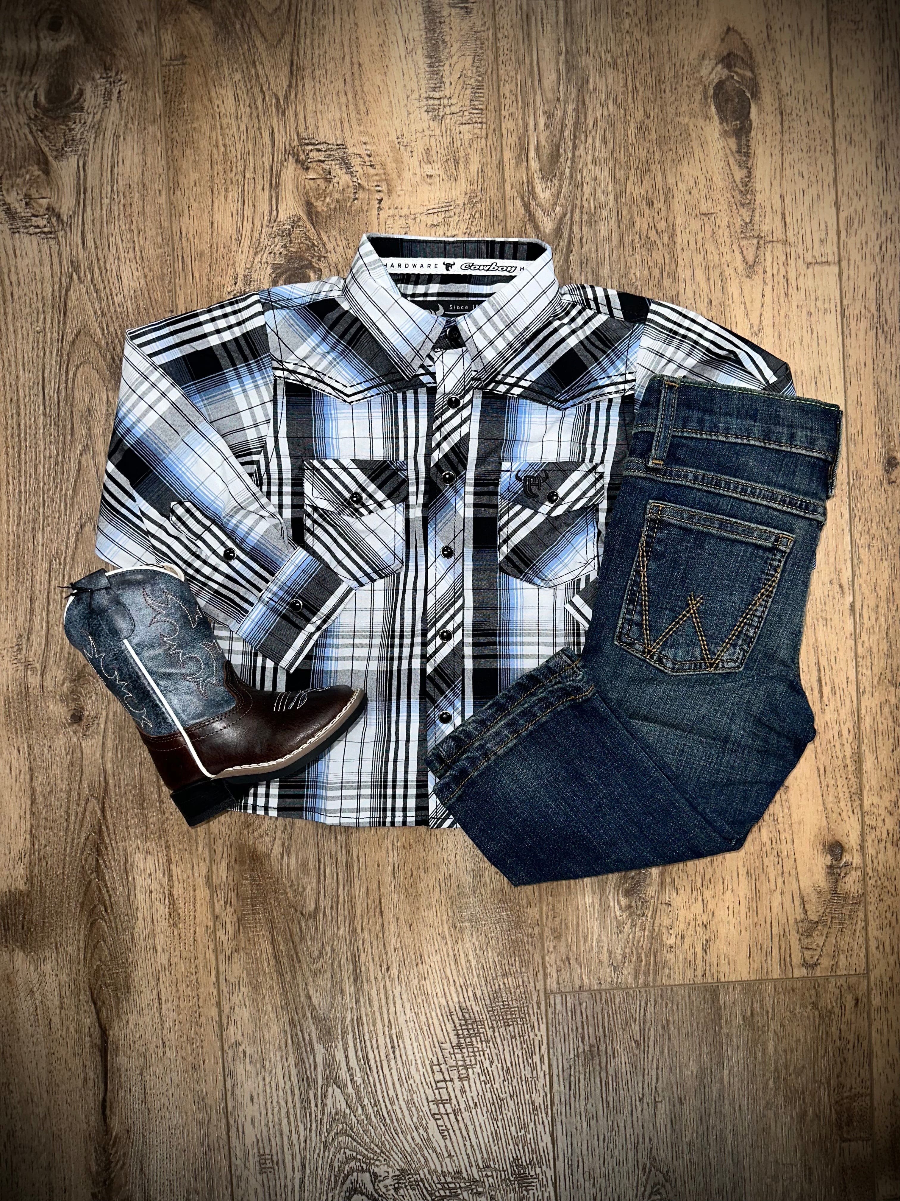 Boys' CH Tod Black and Blue Plaid Snap Button Shirt - Casual Wear for School, Playdates, and Everyday Outfits