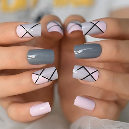 24pcs Press On False Nails - Geometric Medium Square Acrylic Fake Nails with Line Designs for Women & Girls | DIY Manicure Kit | Perfect for Parties, Weddings, and Everyday Wear
