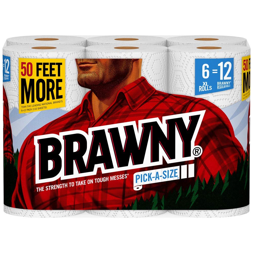 Brawny Paper Towels, 6 XL Rolls | Pick-A-Size | White | 6 Rolls = 12 Regular Rolls | Ultra Absorbent for Kitchen, Bathroom & Cleaning Messes