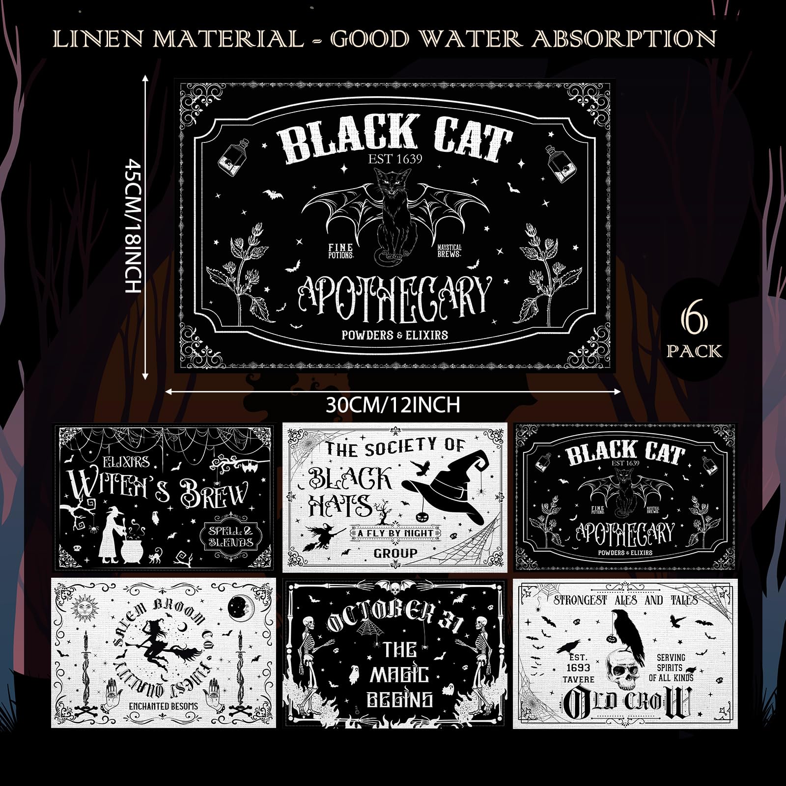 Umigy 6-Pack Gothic Bat Halloween Placemats 12x18 Inches - Washable Skull & Witch Themed Table Mats for Spooky Dining Decor, Kitchen & Party Accessories (Black & White Character Design) - Perfect for Halloween Parties, Themed Dinners & Gothic Home Decor
