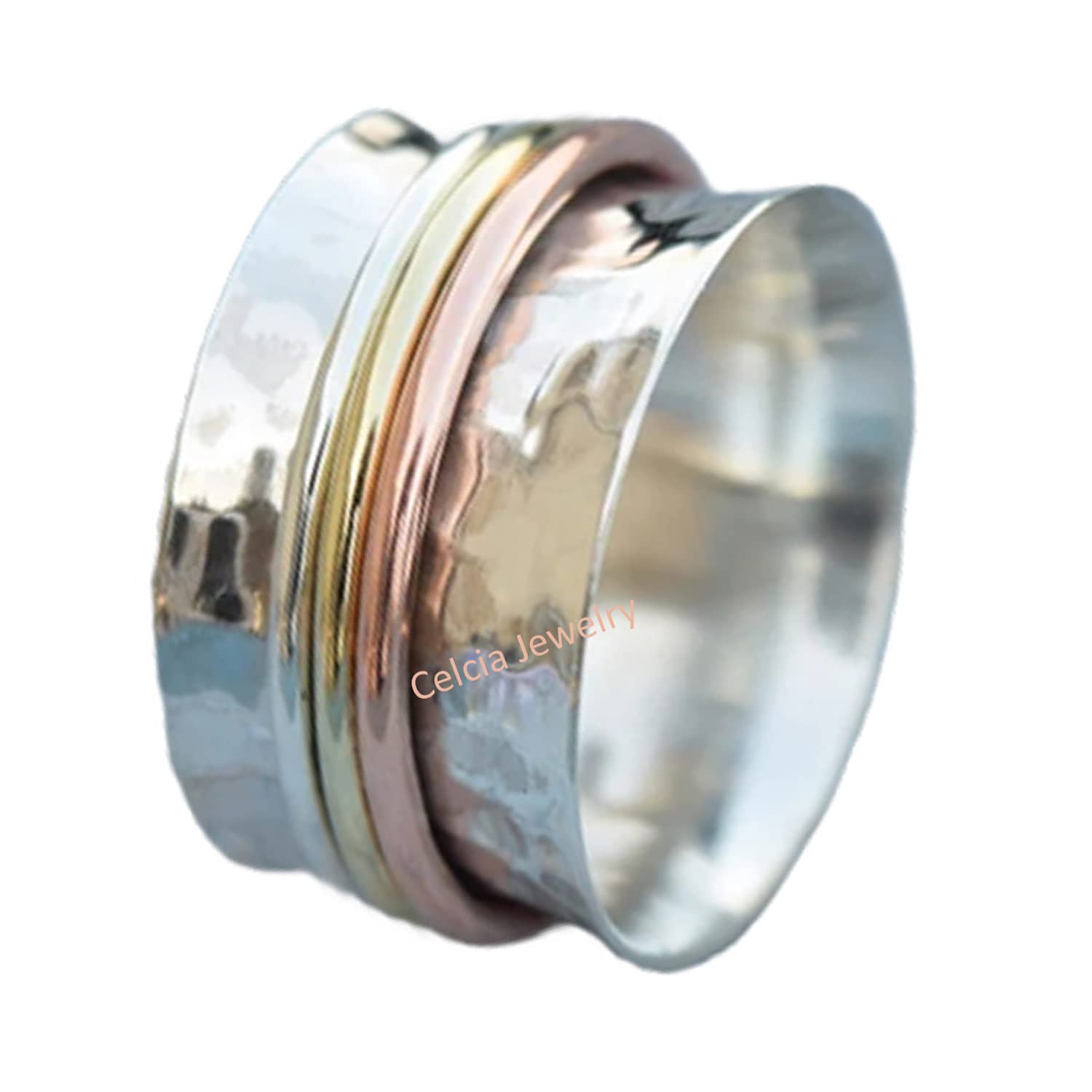 Three Tone Spinner Ring - 925 Sterling Silver Spinning Fidget Ring for Women & Men | Anxiety Relief, Meditation, Stress Relief | Perfect for Thumb Wear, Worry Stone Alternative & Mother's Day Gifts