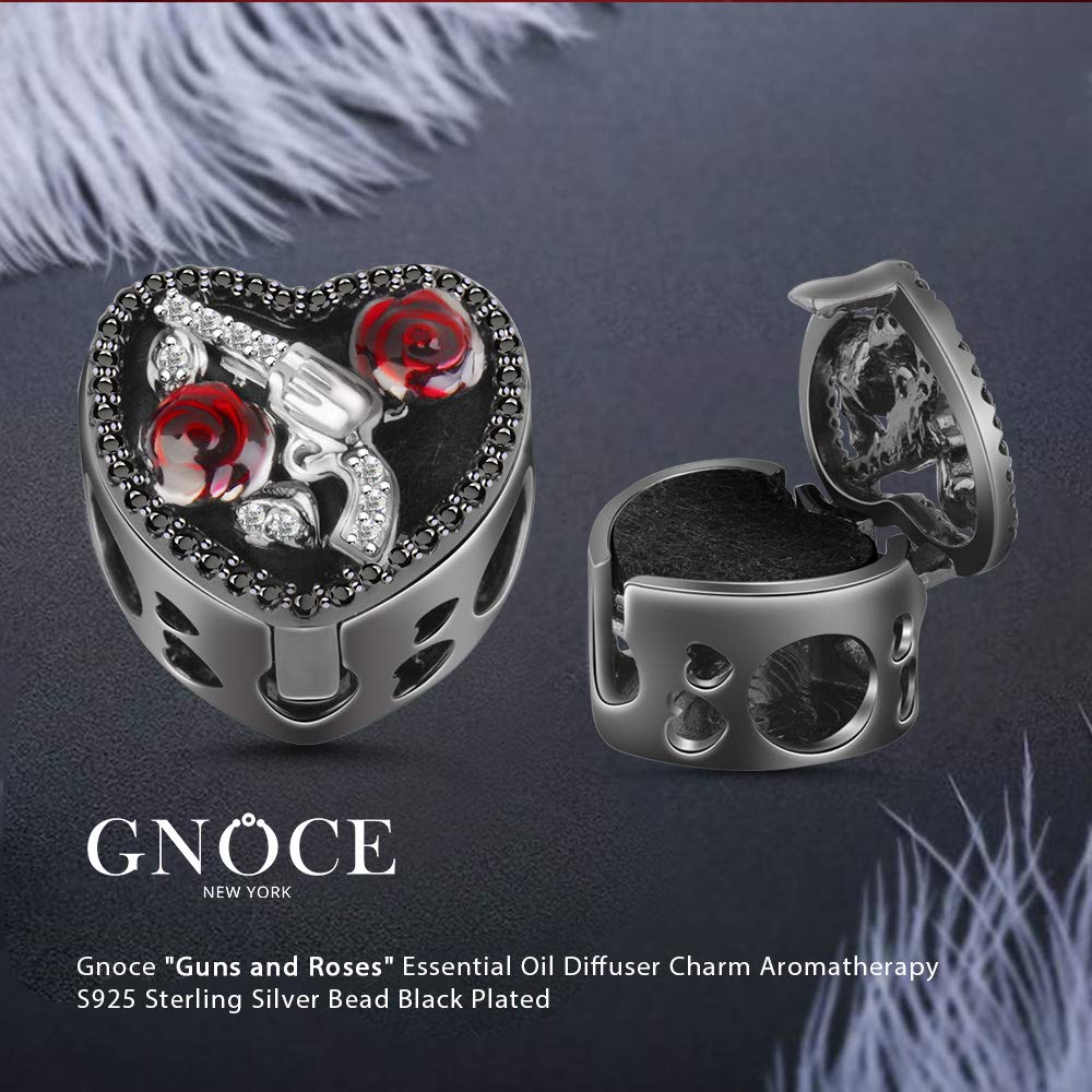 GNOCE Guns & Roses Bead Charm - Sterling Silver Essential Oil Diffuser for Bracelet/Necklace - Gift for Her