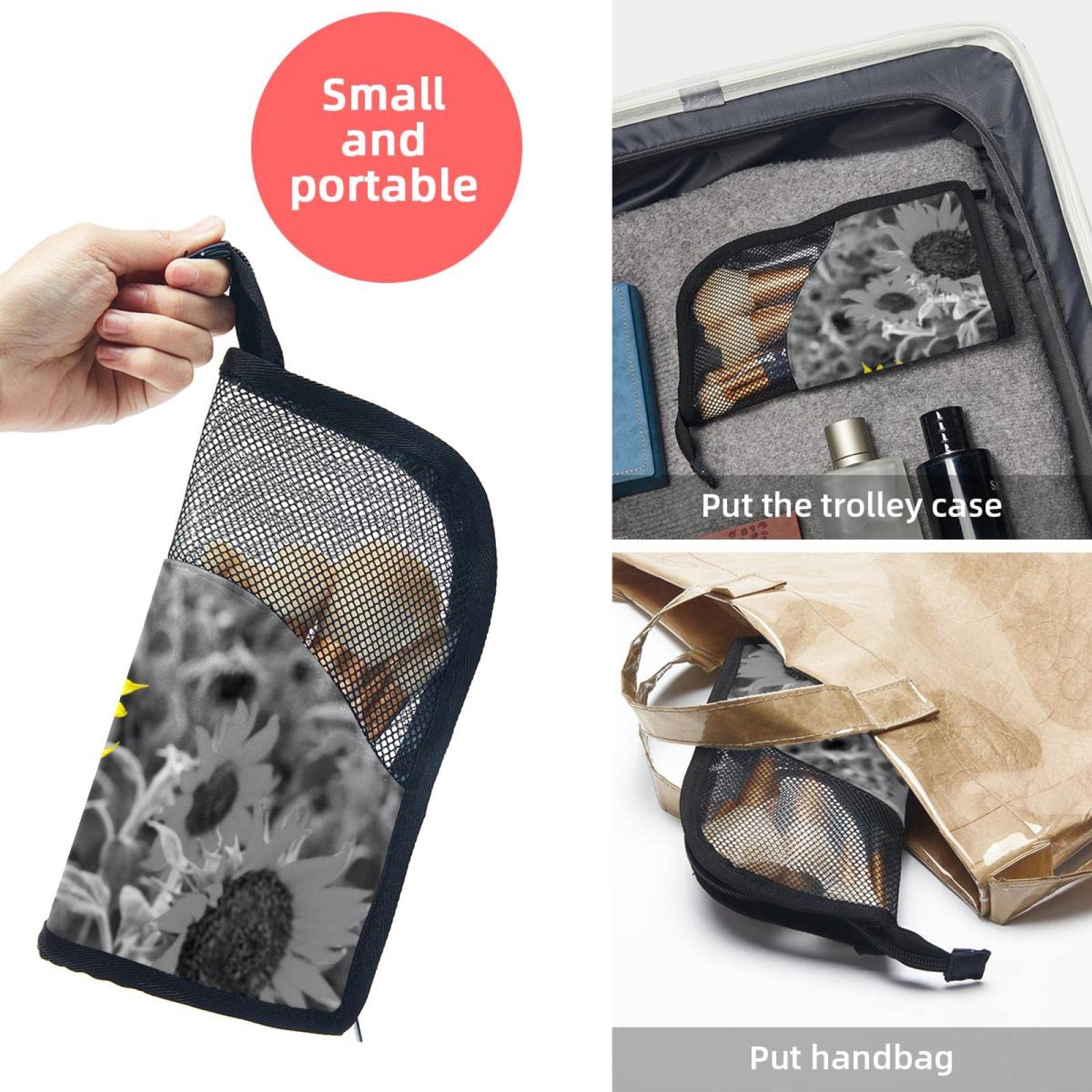 Premium 12-Piece Makeup Brush Organizer Bag with Black & White Sunflower Design - Portable Travel Cosmetic Brush Holder Case for Professional Makeup Artists & Beauty Enthusiasts - Perfect for Home, Travel & Salon Use