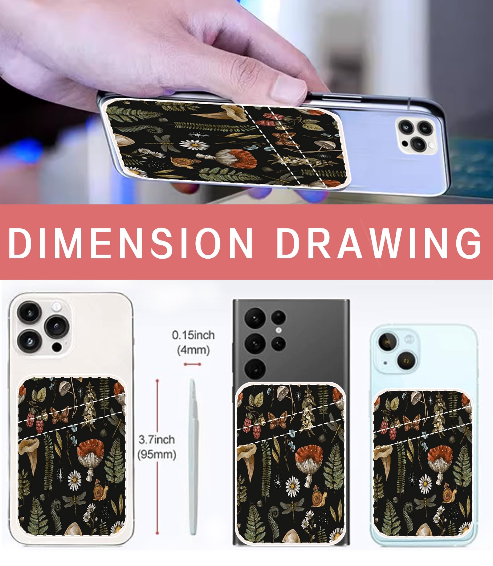 Premium Leather Phone Card Holder - Dual Pocket Adhesive Wallet for Credit Cards & ID - Slim Stick-on Phone Wallet Pouch for iPhone, Samsung & Most Smartphones - Perfect for Travel, Work & Everyday Use - Boho Mushroom Design