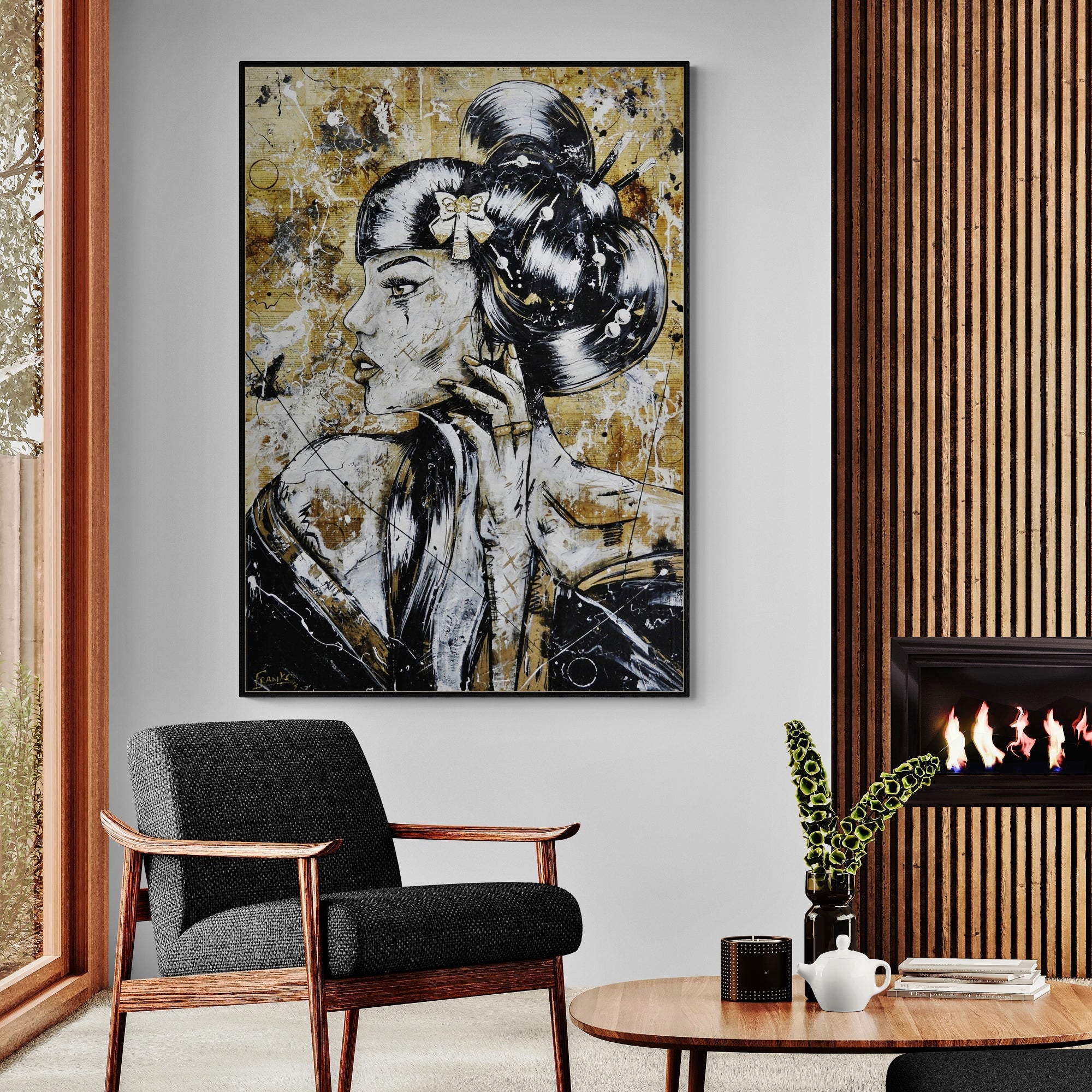 Golden Tigerlily 100cm x 140cm Geisha Abstract Realism Canvas Art Print - Japanese Inspired Wall Decor for Living Room, Bedroom & Office