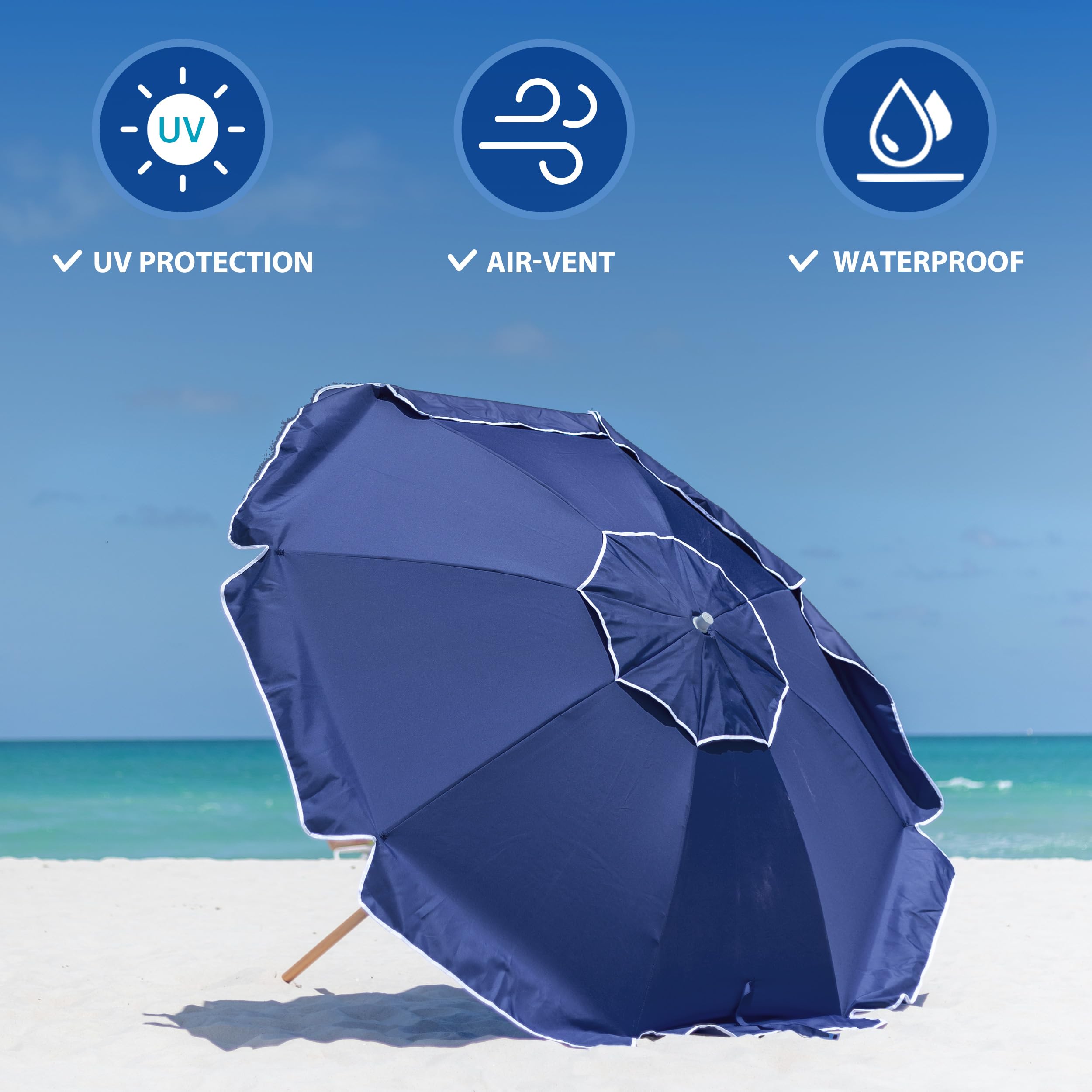 AMMSUN 7.5ft Heavy Duty Commercial Grade Windproof Beach Umbrella with Air Vent - UV 50+ Sun Protection, Ash Wood Pole & Carry Bag - Navy Blue for Beach, Poolside, Patio, and Outdoor Events