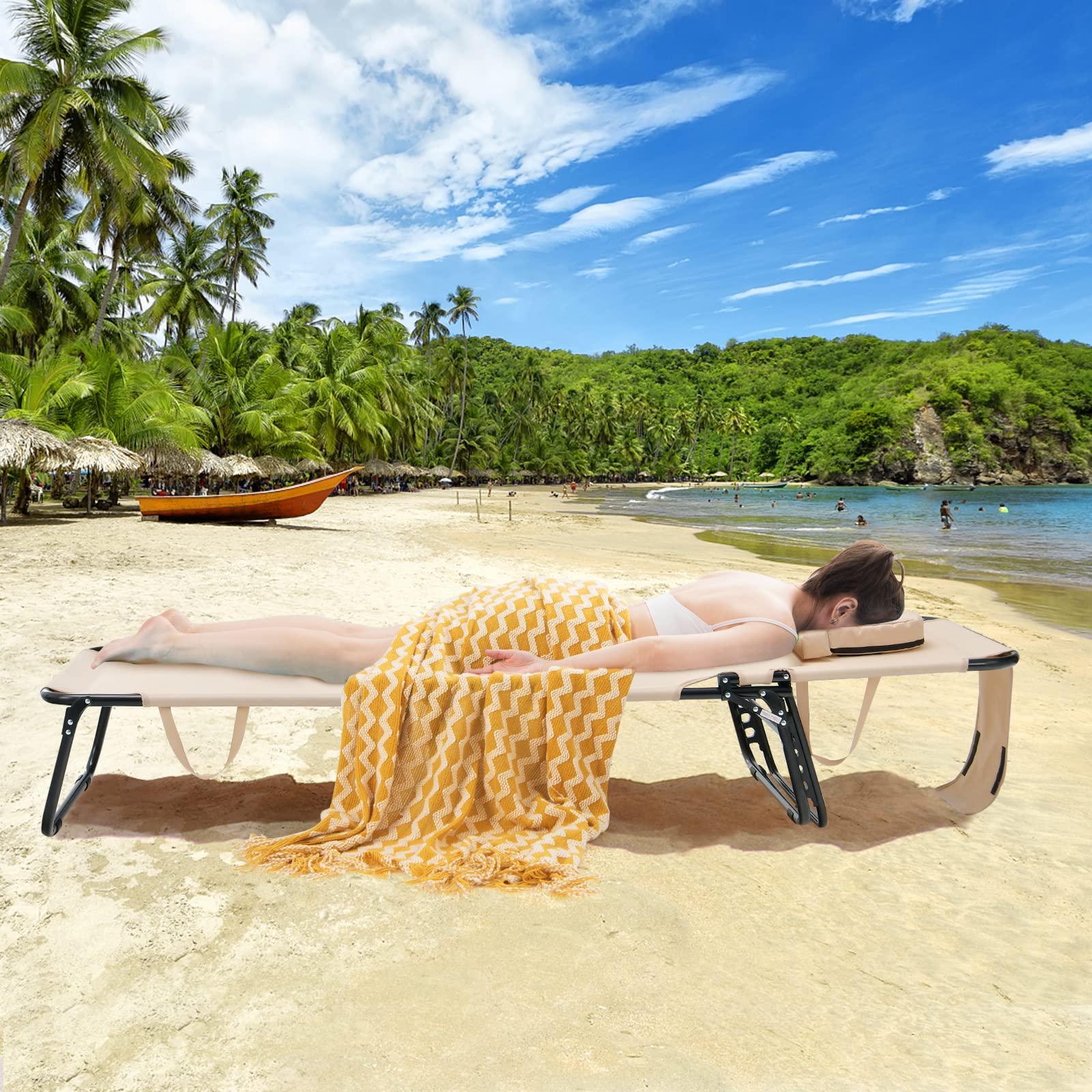 GYMAX 350lbs Heavy Duty Tanning Chair with Face Hole - Adjustable Folding Chaise Lounge for Beach, Poolside, Patio - Includes Washable Pillow & Carry Strap - Perfect for Sunbathing, Relaxing Outdoors, Backyard Lounging (Beige, 2-Pack)