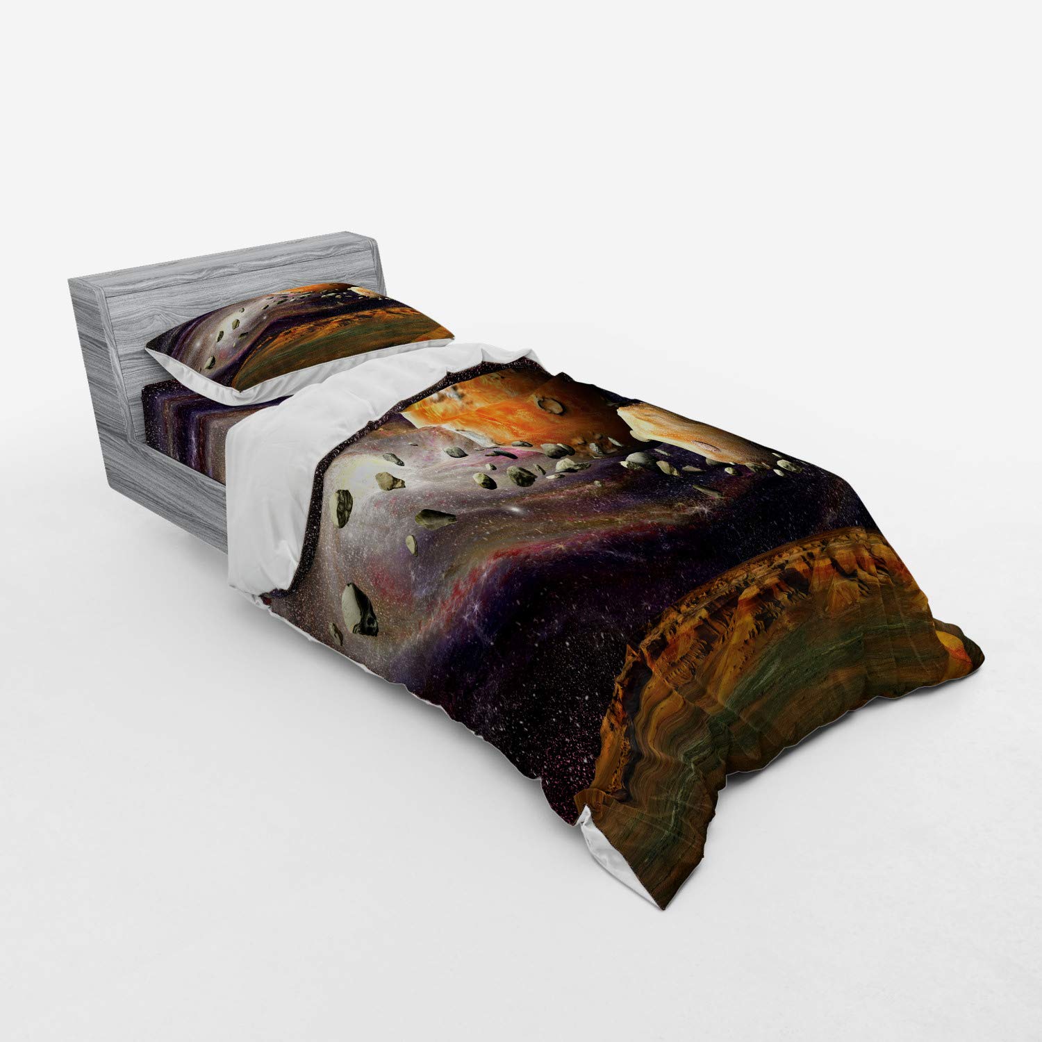Ambesonne Galaxy Bedding Set - Twin Size 3-Piece Duvet Cover Set with Sham & Fitted Sheet, Universe Outer Space Design with Planets, Stars & Deep Sky Objects in Green Purple Yellow White - Perfect for Astronomy Lovers & Space-Themed Bedrooms