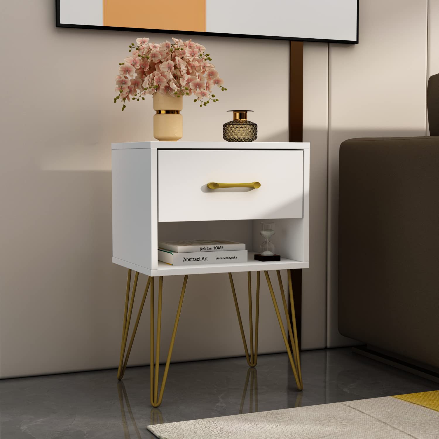 ECACAD Nightstands Set of 2 - Modern Bedside Tables with 1 Drawer & Shelf, Minimalist White End Tables with Sturdy Metal Legs for Bedroom, Living Room (15.7”W x 11.8”D x 23.6”H) - Perfect for Small Spaces, Apartment Furniture & Nightstand Storage Solutions