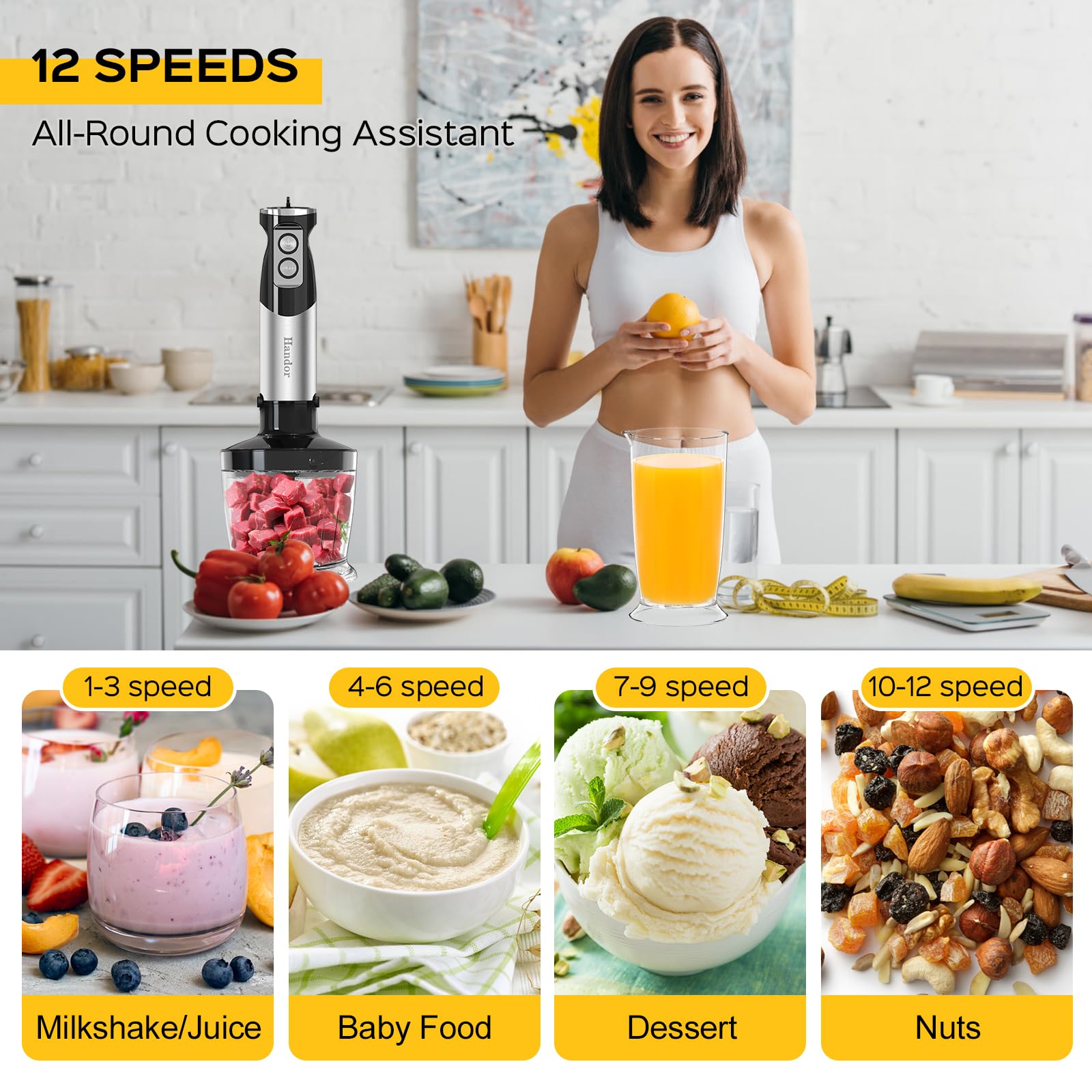 1000W 6-in-1 Immersion Blender Handheld - 12 Speed Electric Hand Blender with 600ml Mixing Beaker, 500ml Food Chopper & 304 Stainless Steel Blades - Includes Whisk & Milk Frother - Perfect for Making Soup, Smoothie, Sauce, Baby Food, Milkshakes & More - Ideal for Kitchen, Home Cooking & Meal Prep