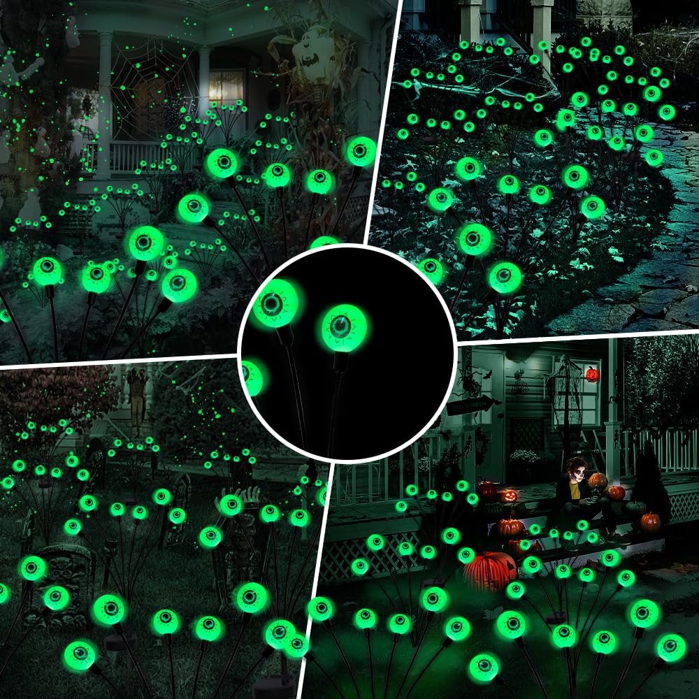 Outdoor Solar Halloween Decorations - 2 Pack 12 LED Green Scary Eyeball Lights, Waterproof Swaying Firefly Path Lights for Yard, Garden, Lawn & Party - Perfect for Spooky Halloween Night Decorations & Haunted House Themes