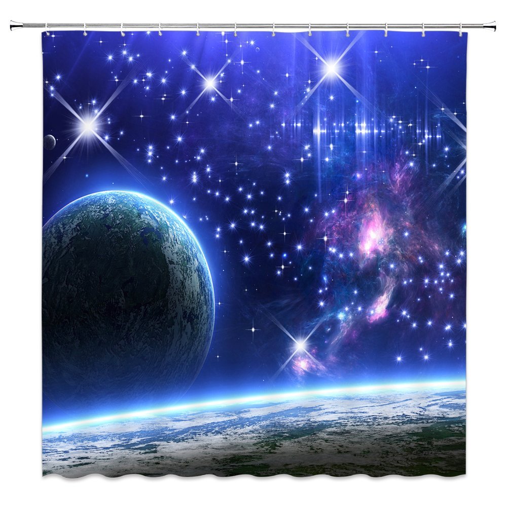 Blue Galaxy Shower Curtain - Starry Sky Space Design with Planets & Earth Print - Waterproof Bathroom Decor with Hooks 70x70 Inches - Perfect for Cosmic Themed Bathrooms & Kids' Space Rooms