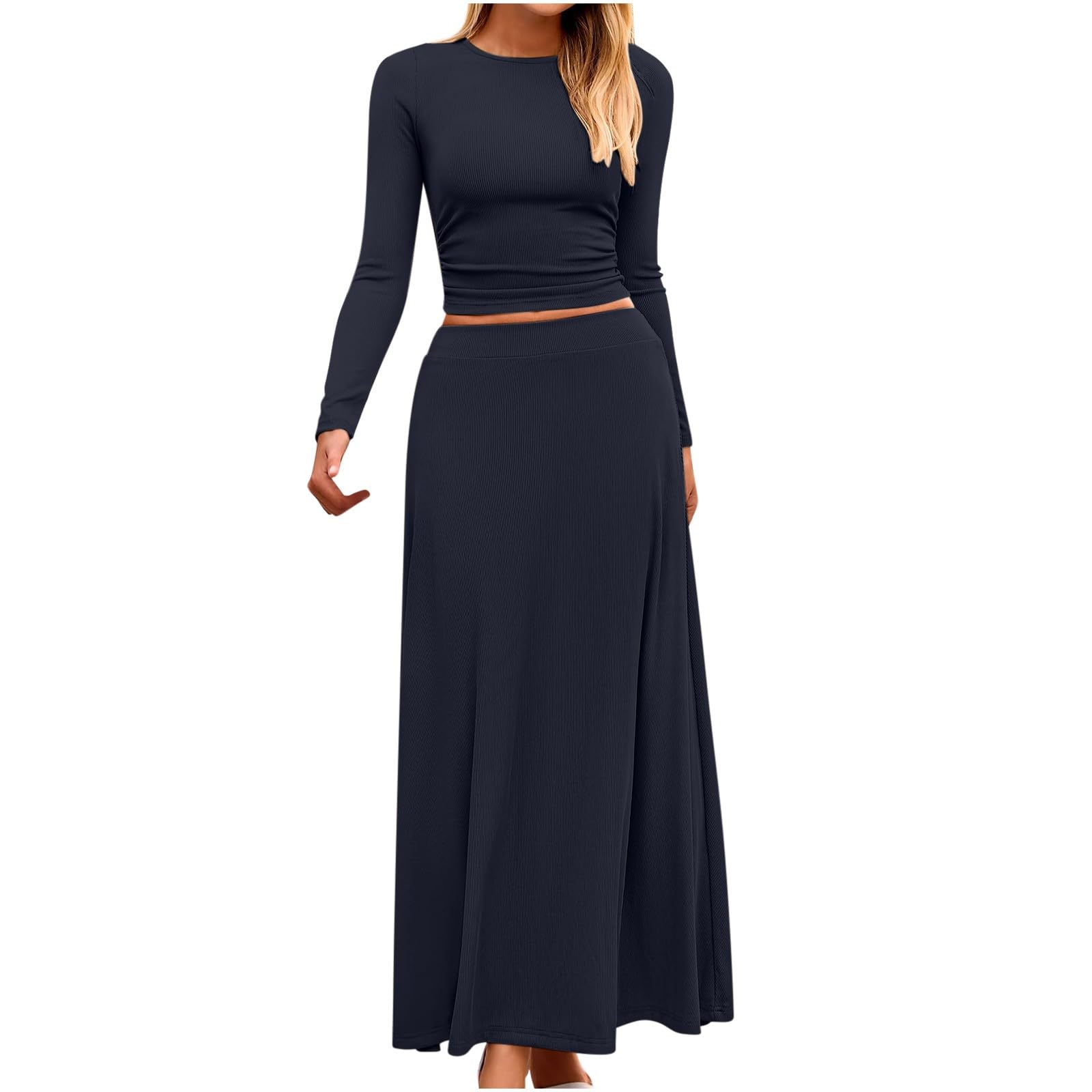 Women's 2 Piece Outfits - Long Sleeve Tops & Maxi Skirt Sets, Ribbed Knit Matching Lounge Set, Comfy Dressy Loungewear for Casual Wear, Date Night & Relaxing at Home