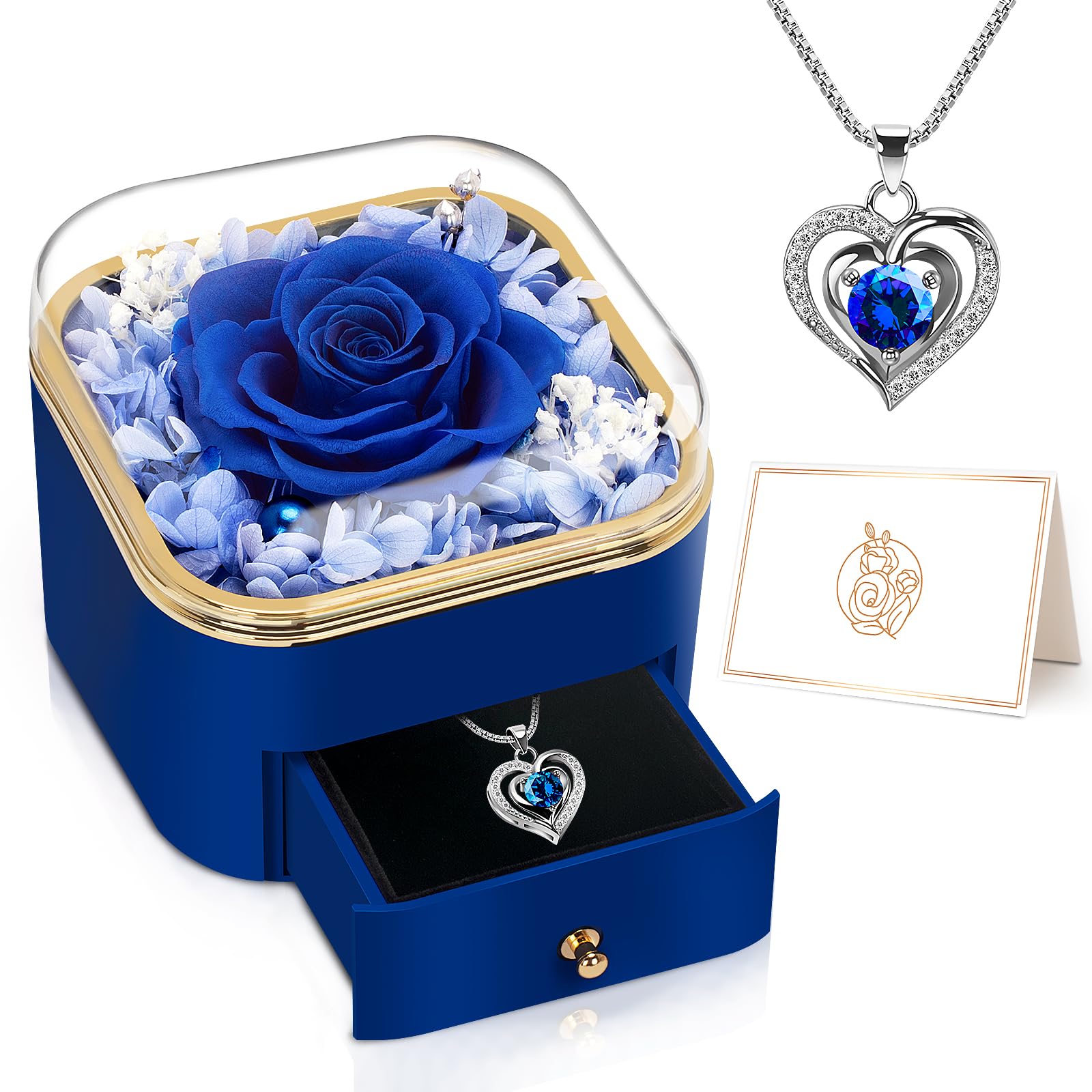 Real Preserved Rose with Heart Necklace - Romantic Eternal Flower Gift for Women, Girlfriend, Wife, Mom, Grandma - Birthday, Anniversary, Christmas Present - Perfect for Special Occasions & Keepsake (Blue)