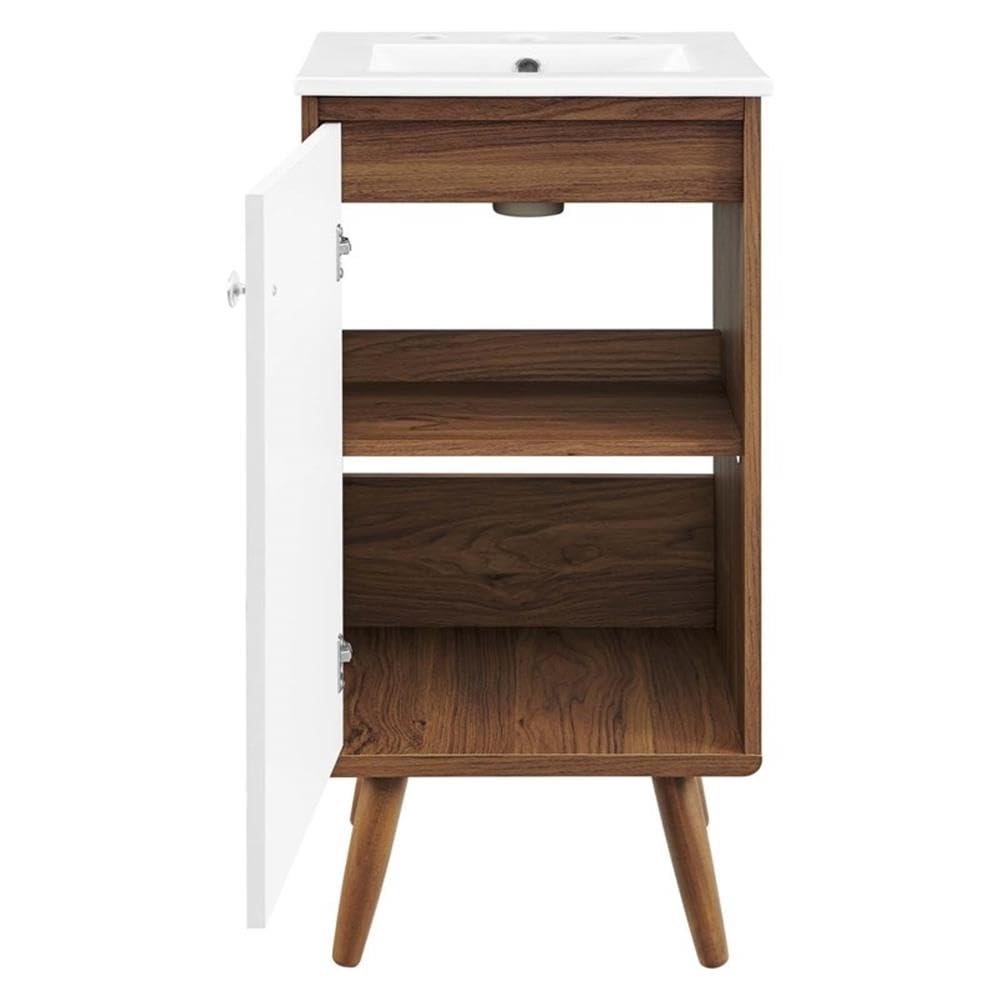 Modway Transmit 18 Inch Walnut White Bathroom Vanity with Sink - Modern Bathroom Furniture for Small Spaces, Apartment & Powder Room Makeover