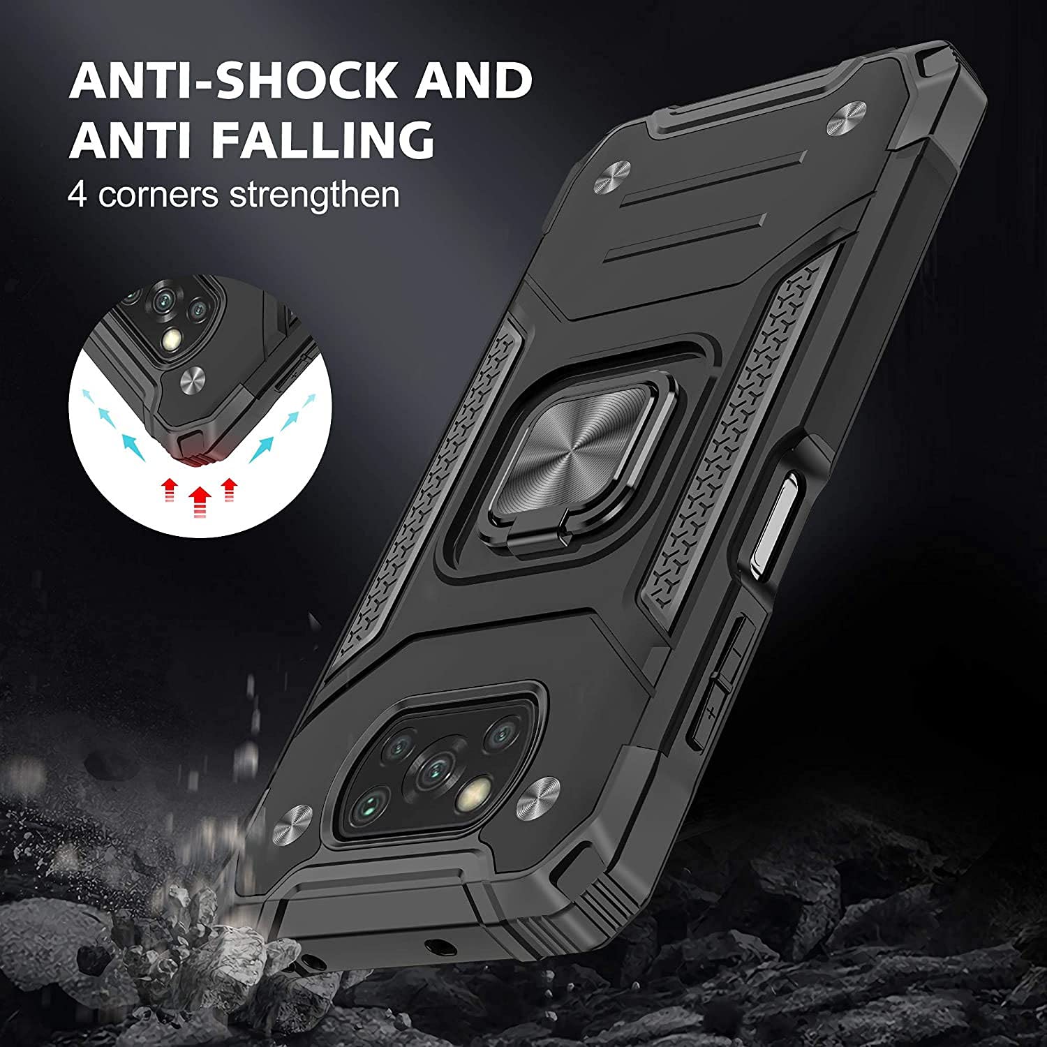 YaHan Shockproof Hybrid Case for Xiaomi Poco X3 NFC/X3 with 360° Rotating Ring Kickstand & Tempered Glass Screen Protector (2-Pack, Blue) - Heavy Duty Protection for Work, Travel & Outdoor Activities