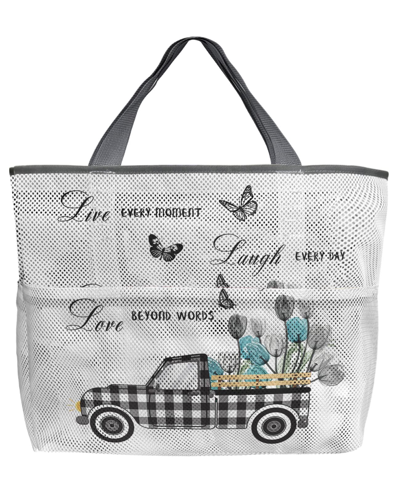 60L Oversized Mesh Beach Tote Bag with Tulips Print - Farm Fresh Flower Design, Black Buffalo Check Plaid - Lightweight Swim Bag with Pockets (24