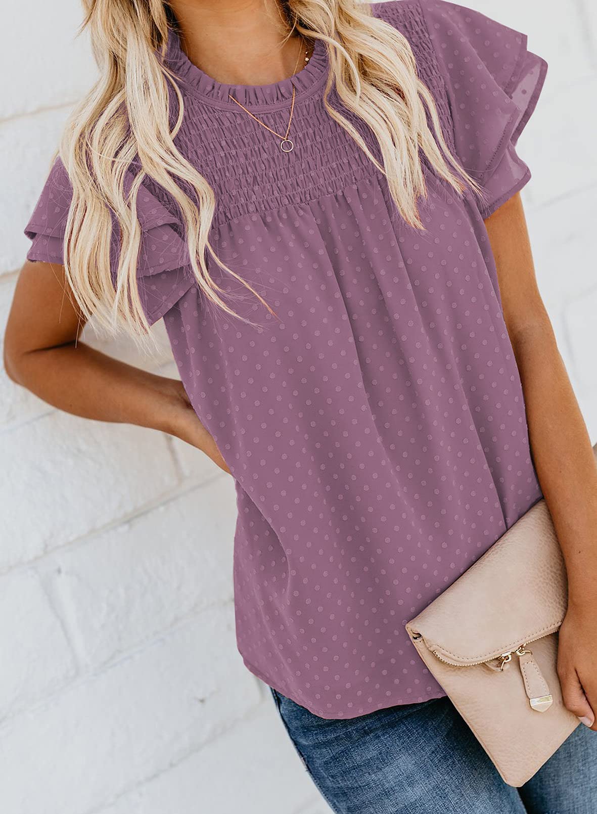 Dokotoo Women's Crewneck Lace Crochet Pom Pom Flowy Short Sleeve Casual Blouse Top - Summer Beach Vacation, Boho Chic Outfit, Date Night Shirt
