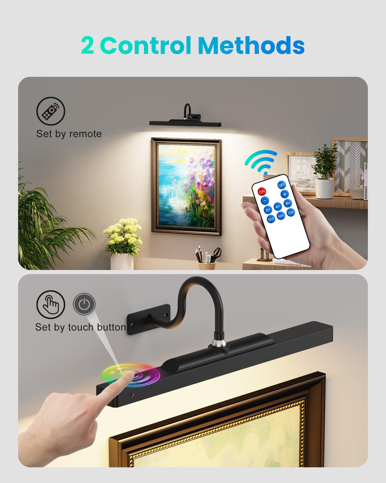 Dimmable Cordless Picture Light with Remote Control & Timer - Rechargeable 5000mAh Battery Wall Sconce for Artwork, Paintings, Photos & Portraits - 16 Inch Adjustable Gallery Lighting - Perfect for Home Decor, Museums & Art Displays (Black)