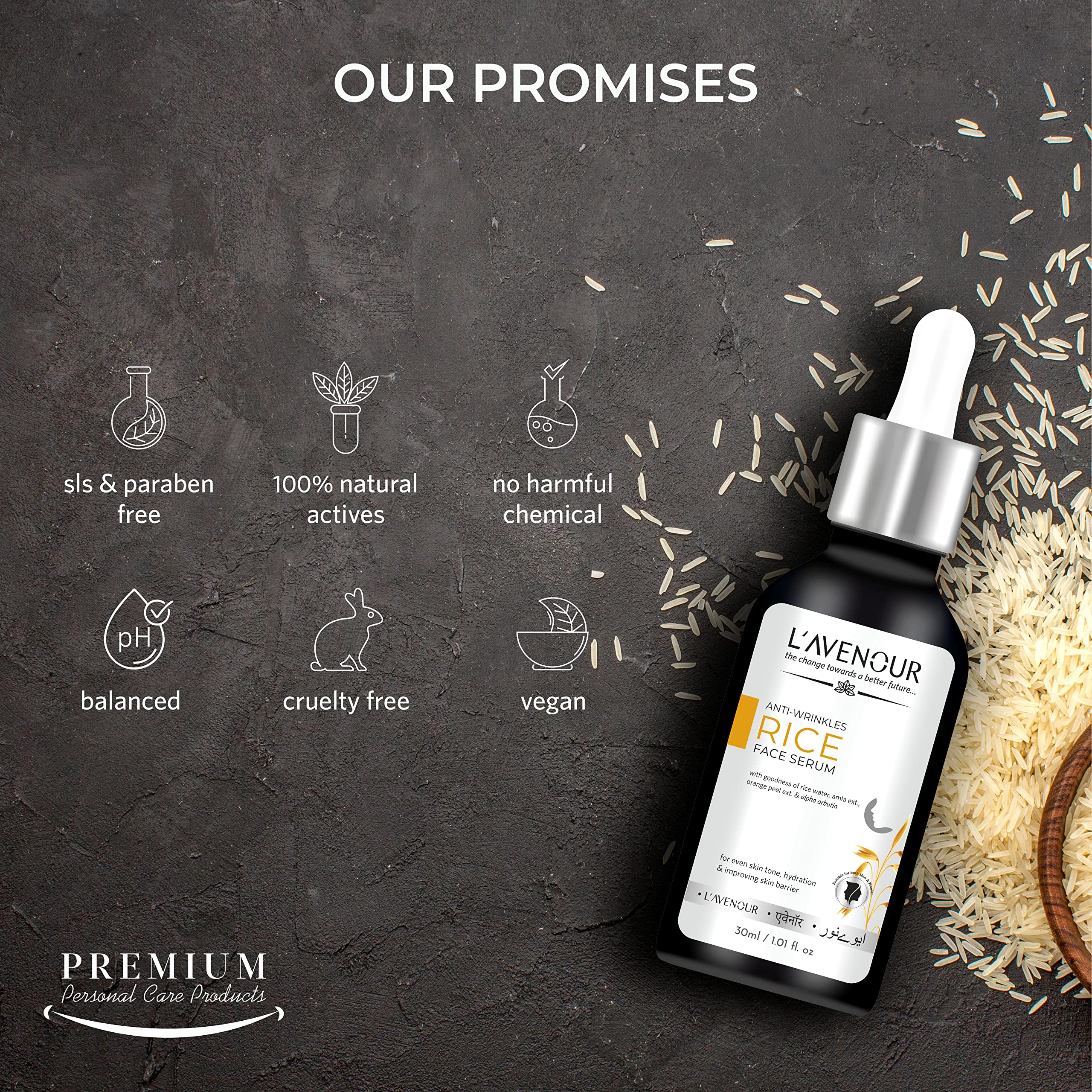L'avenour Anti-Wrinkle Rice Face Serum for Even Skin Tone & Hydration | Improves Skin Barrier | 30ml | Perfect for Night Routine & Dry Skin Care
