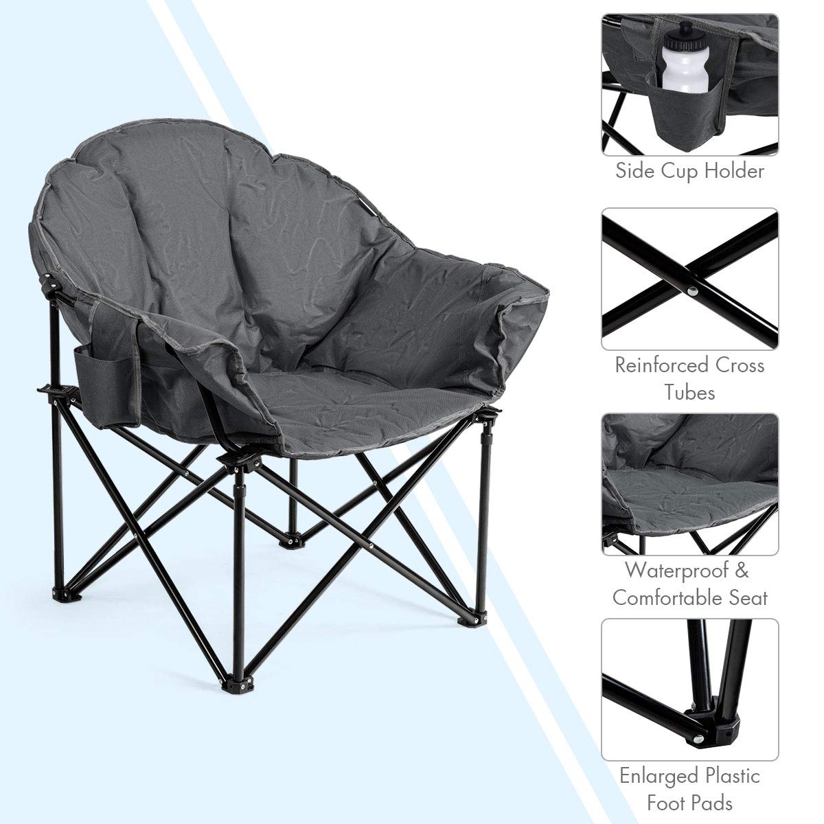 **Tangkula Oversized Camping Chair - Heavy Duty Padded Folding Chair with Cup Holder & Carry Bag, Moon Round Saucer Club Chair for Outdoor, Picnic, Fishing, Hiking, Beach, Backyard, BBQ, Concert (Grey, 2-Pack) - Perfect for Relaxing in Comfort Anywhere**