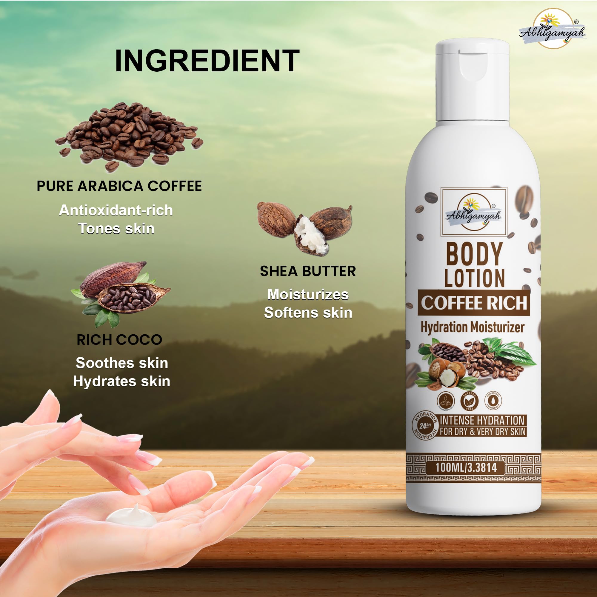 Abhigamyah Coffee Rich Body Lotion - Daily Moisturizing Cream for Dry Skin | Paraben-Free, Mineral Oil-Free Hydrating Lotion for Men & Women | 100ml Twin Pack | Perfect for Post-Shower & Nighttime Skin Care