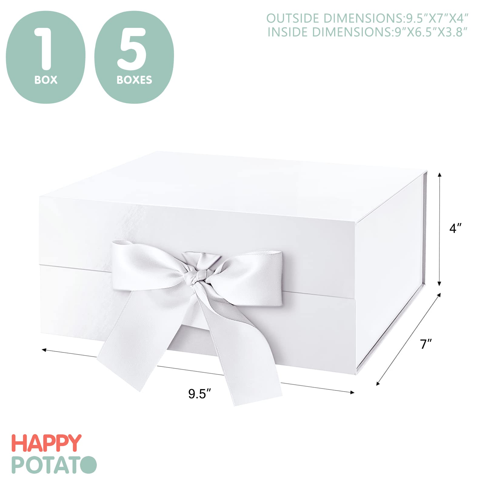 Happy Potato Gift Box with Ribbon - 9x6.5x3.8 Inches White Magnetic Bridesmaid Proposal Box with Lid - Perfect for Wedding Party Favors, Birthday Presents & Special Occasion Gift Packaging (Glossy White)