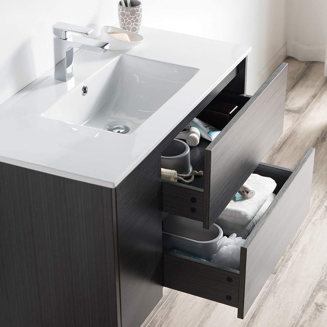36 Inch Floating Bathroom Vanity with Sink & Mirror - Solid Wood Wall Mounted Vanity Cabinet (Silver Grey) for Modern Bathroom Decor - Perfect for Small Spaces & Contemporary Home Design