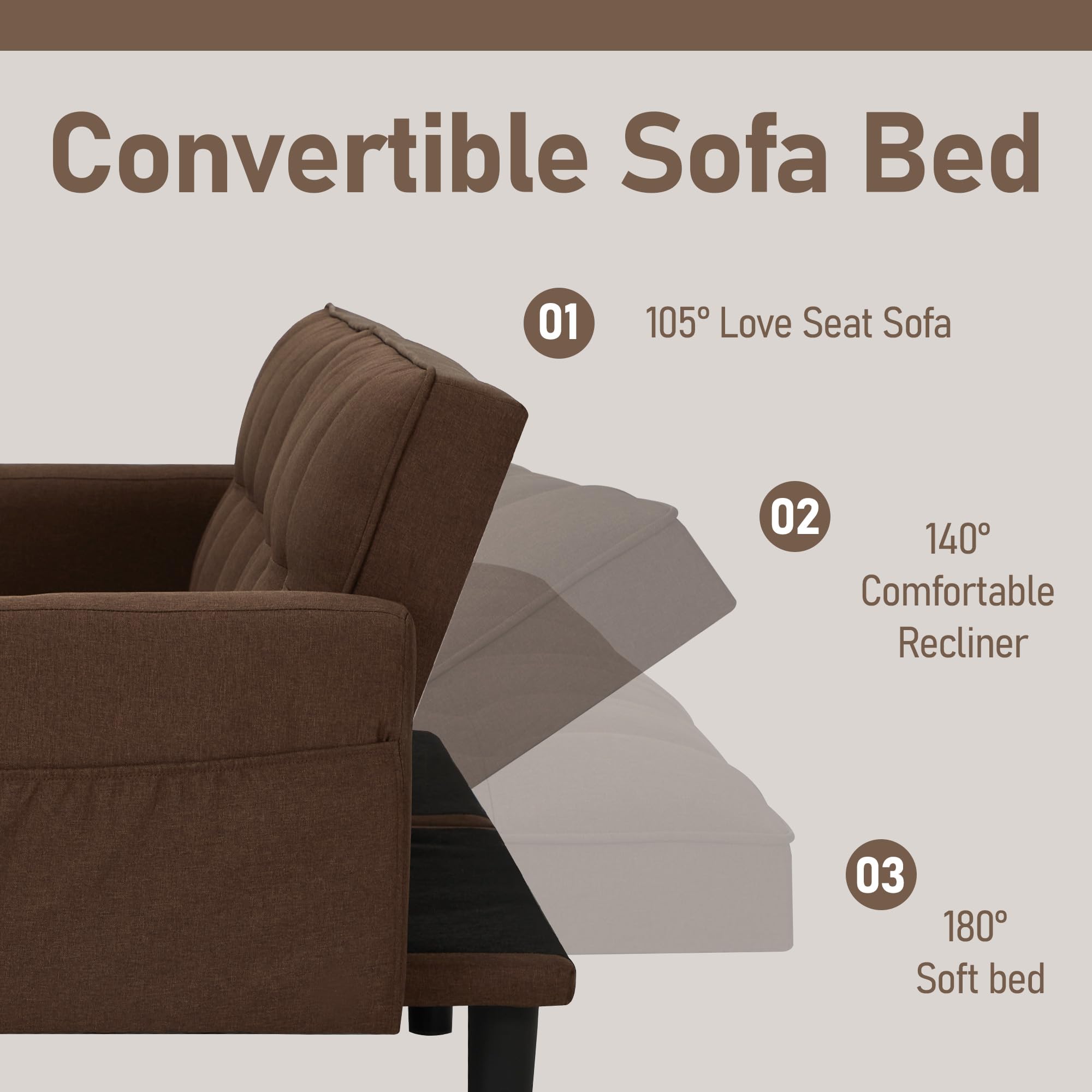 AVAWING Convertible Futon Sofa Bed - Modern Linen Fabric Upholstered Couch with Adjustable Backrest, Armrests & Durable Nylon Legs - Space-Saving Sleeper Sofa for Small Apartments, Living Rooms & Home Offices (Brown) - Perfect for Guest Sleeping, Lounging & Compact Spaces