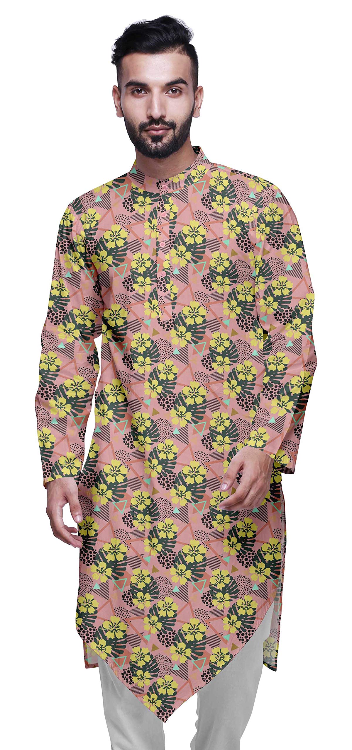 Atasi Cotton Flex Mens Kurta - Printed Chinese Collar Long Shirt for Casual Wear & Festive Occasions