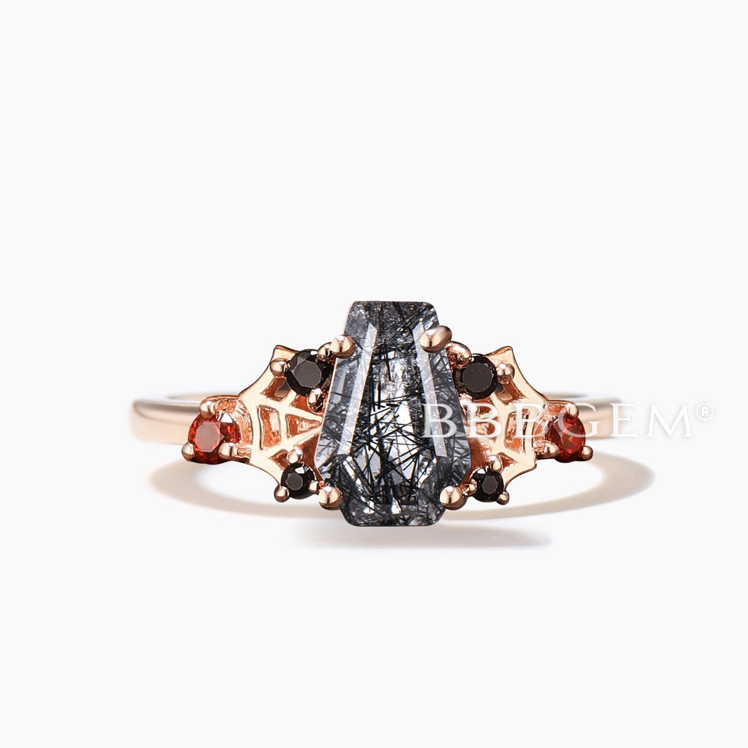 Gothic Spider Coffin Wedding Ring - Natural Black Rutilated Quartz, Onyx & Garnet Engagement Ring for Alternative Weddings, Dark Romance, and Gothic Fashion