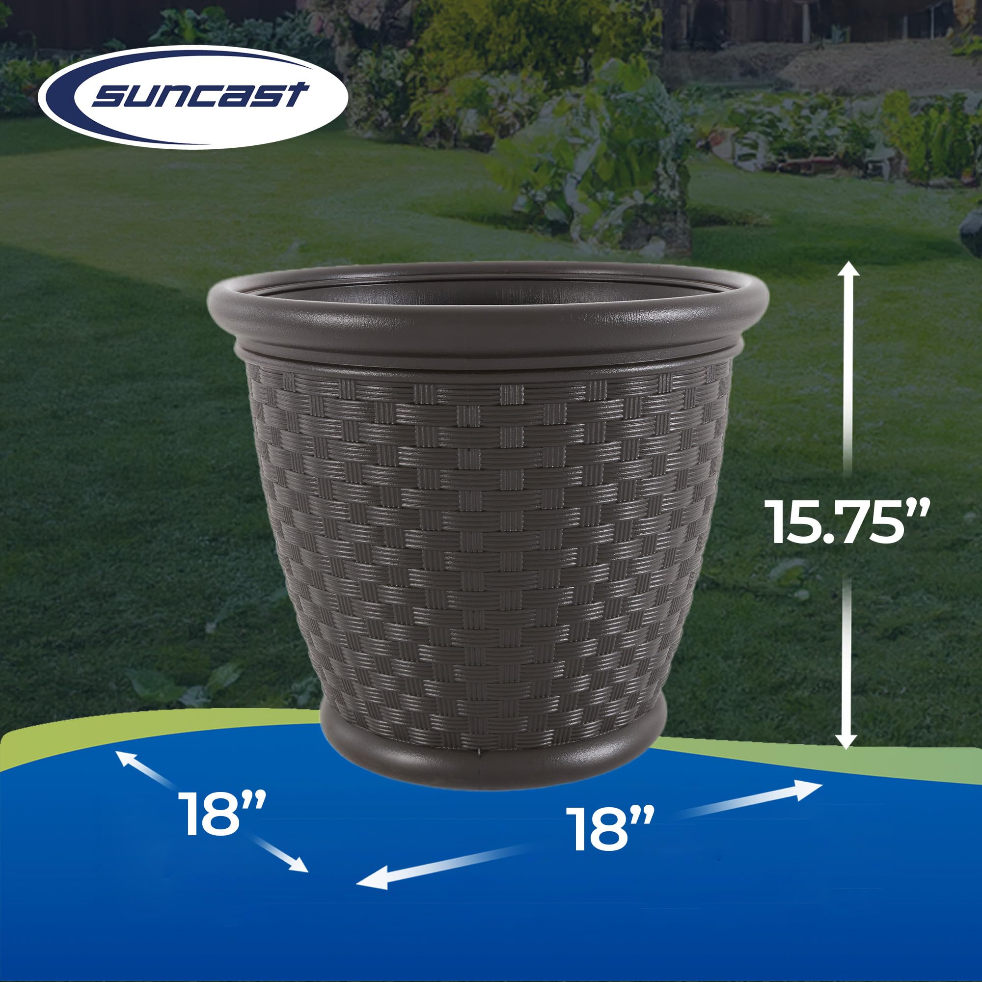 Suncast Sonora 18 Inch Brown Plastic Wicker Decorative Garden Flower Planter Pots - 4 Pack for Indoor Outdoor Use in Backyard, Patio, Balcony & Home Decor