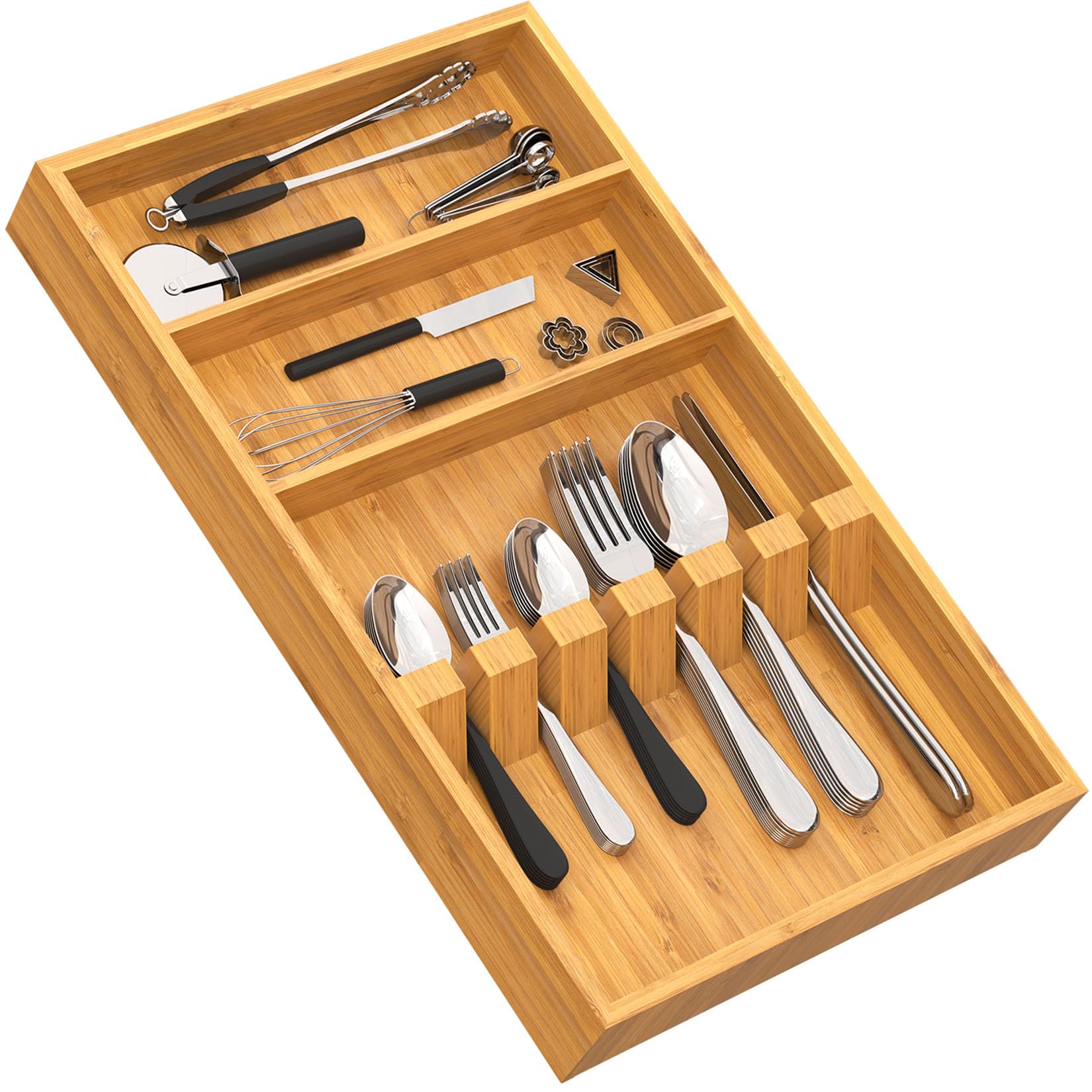 Yofidra Pure Bamboo Silverware Drawer Organizer - 16.5 Inch Large Utensil Tray with 3 Compartments & 6 Card Slots | Kitchen Flatware Organizer for Spoons, Forks, Knives | 2024 Upgraded Design | Perfect for Home, Restaurant & Office Organization
