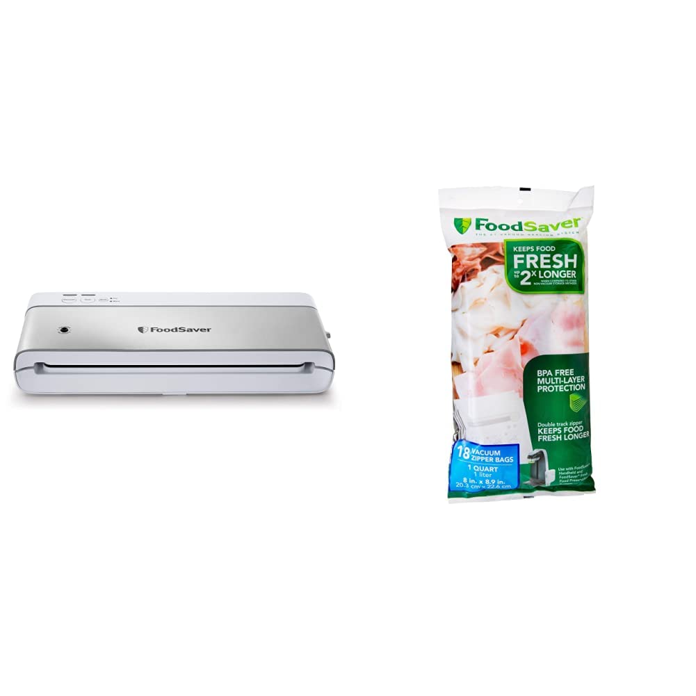 **FoodSaver Compact Vacuum Sealer Machine with BPA-Free Bags & Rolls – Airtight Food Storage, Sous Vide, Meal Prep – Includes 18 Count 1-Quart Multilayer Vacuum Zipper Bags (White)**    Perfect for preserving leftovers, sous vide cooking, and extending food freshness for home kitchens, camping, or bulk shopping.