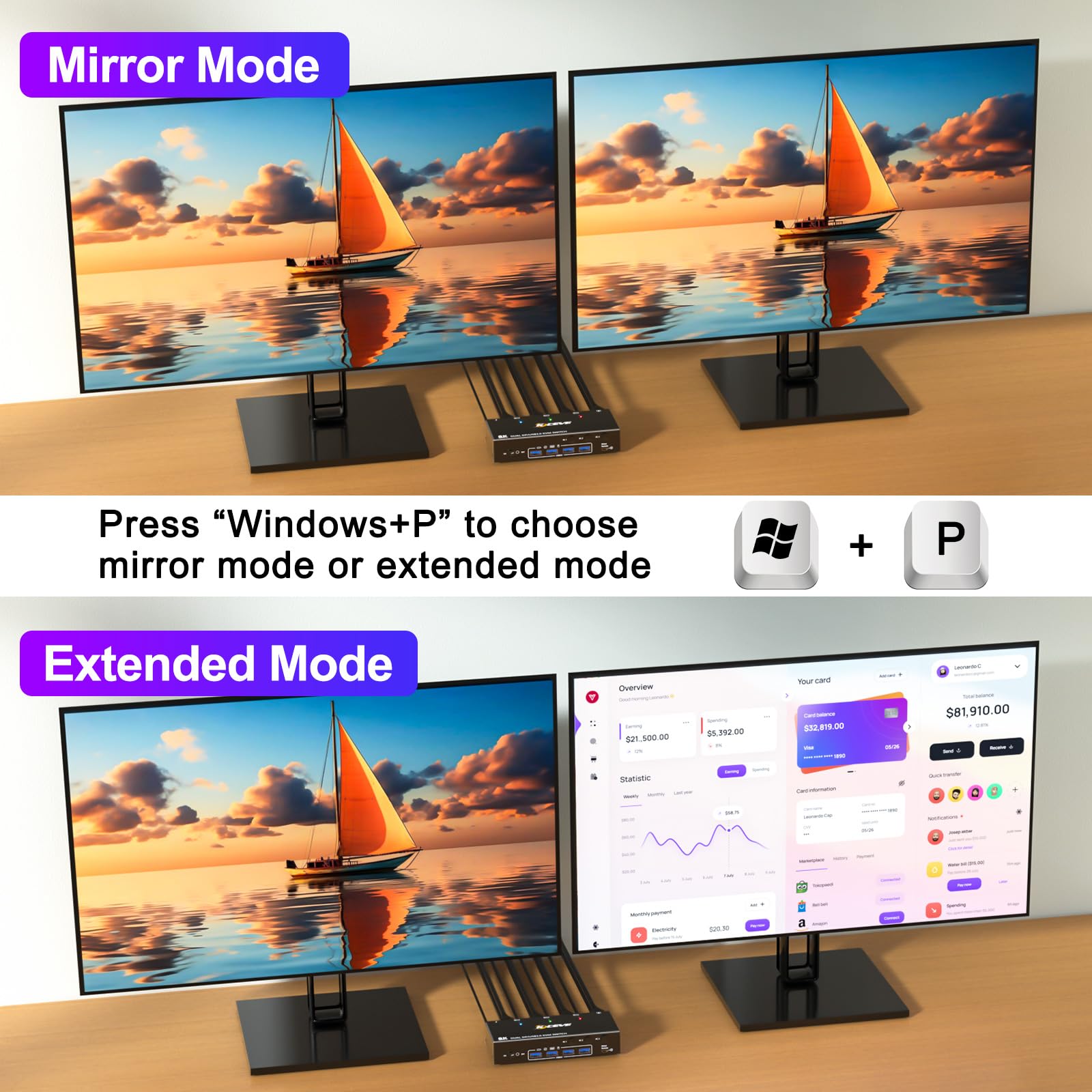 YOUTINGHDAV DP KVM Switch for 2 Monitors & 3 Computers | USB 3.0 4K@144Hz Dual Monitor DisplayPort 1.4 | Share Mouse & Keyboard | Includes Wired Remote & USB/DP Cables | Perfect for Gaming, Office & Multi-Tasking Workstations