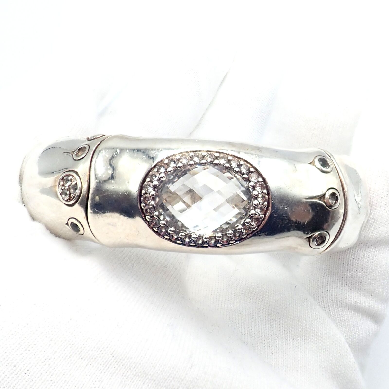 Authentic John Hardy Sterling Silver White Topaz 30 Bamboo Large Cuff Bracelet for Women - Elegant Statement Jewelry for Parties, Weddings & Special Occasions