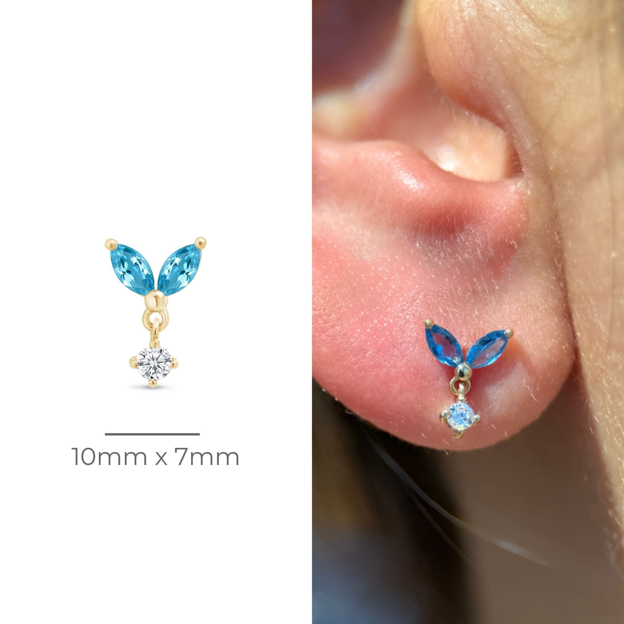 14K Yellow Gold Blue Topaz Double Marquise Drop Stud Earrings – Elegant Flat Back Design for Women, Perfect for Weddings, Parties & Everyday Wear
