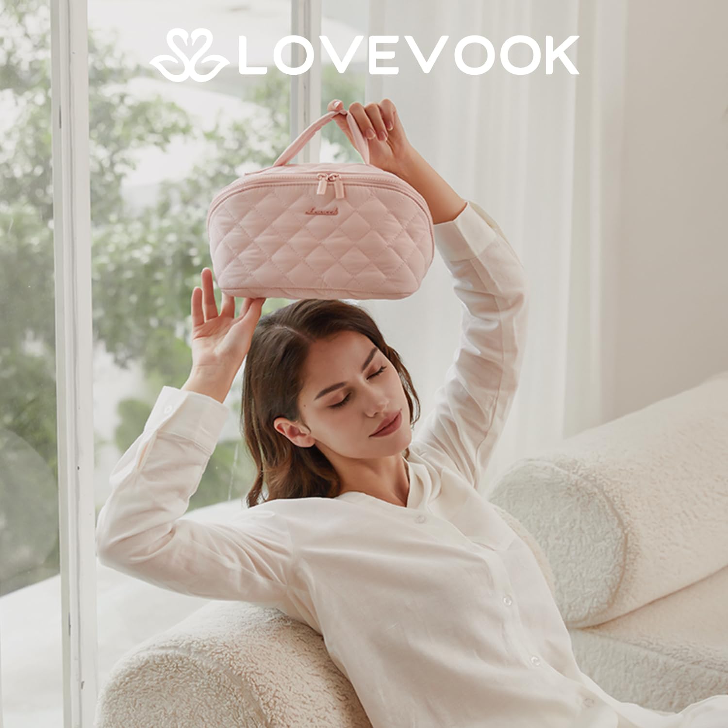 LOVEVOOK 2Pcs Puffer Waterproof Travel Makeup Bag Set for Women - Large Capacity Cosmetic Organizer with Divider & Handle, Open Flat Toiletry Pouch - Perfect Gift for Her (Pink) | Ideal for Travel, Gym, Vacation & Daily Beauty Storage