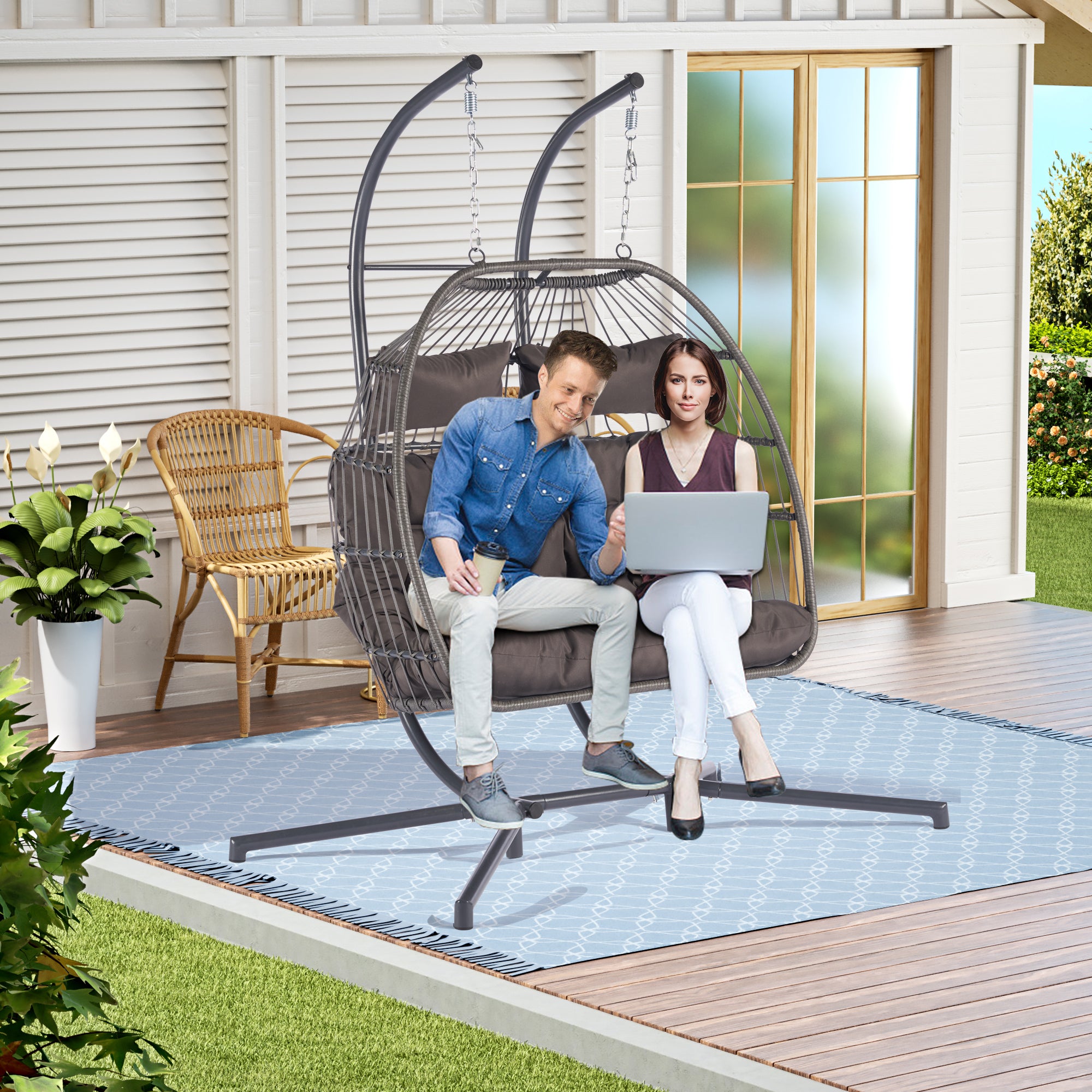 2 Person Outdoor Rattan Hanging Chair - Patio Wicker Egg Swing Chair for Garden, Balcony & Backyard - Perfect for Relaxing & Lounging