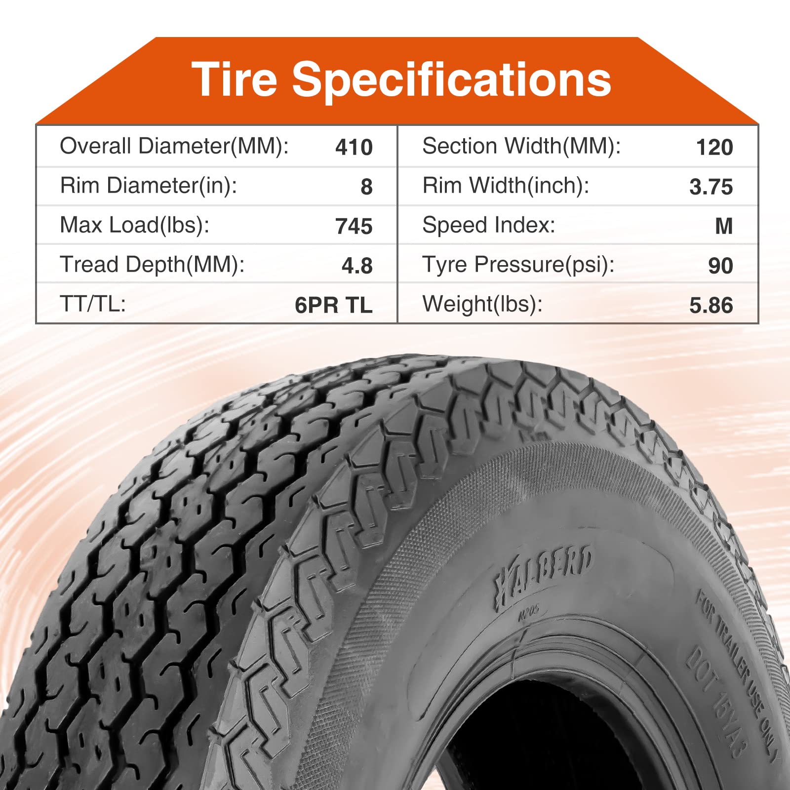 HALBERD 4.80-8 Trailer Tires 4.80x8 6PR Load Range C - Tubeless Set of 2 for Highway, Boat Trailers & Log Splitters - Durable Towing & Hauling Solution